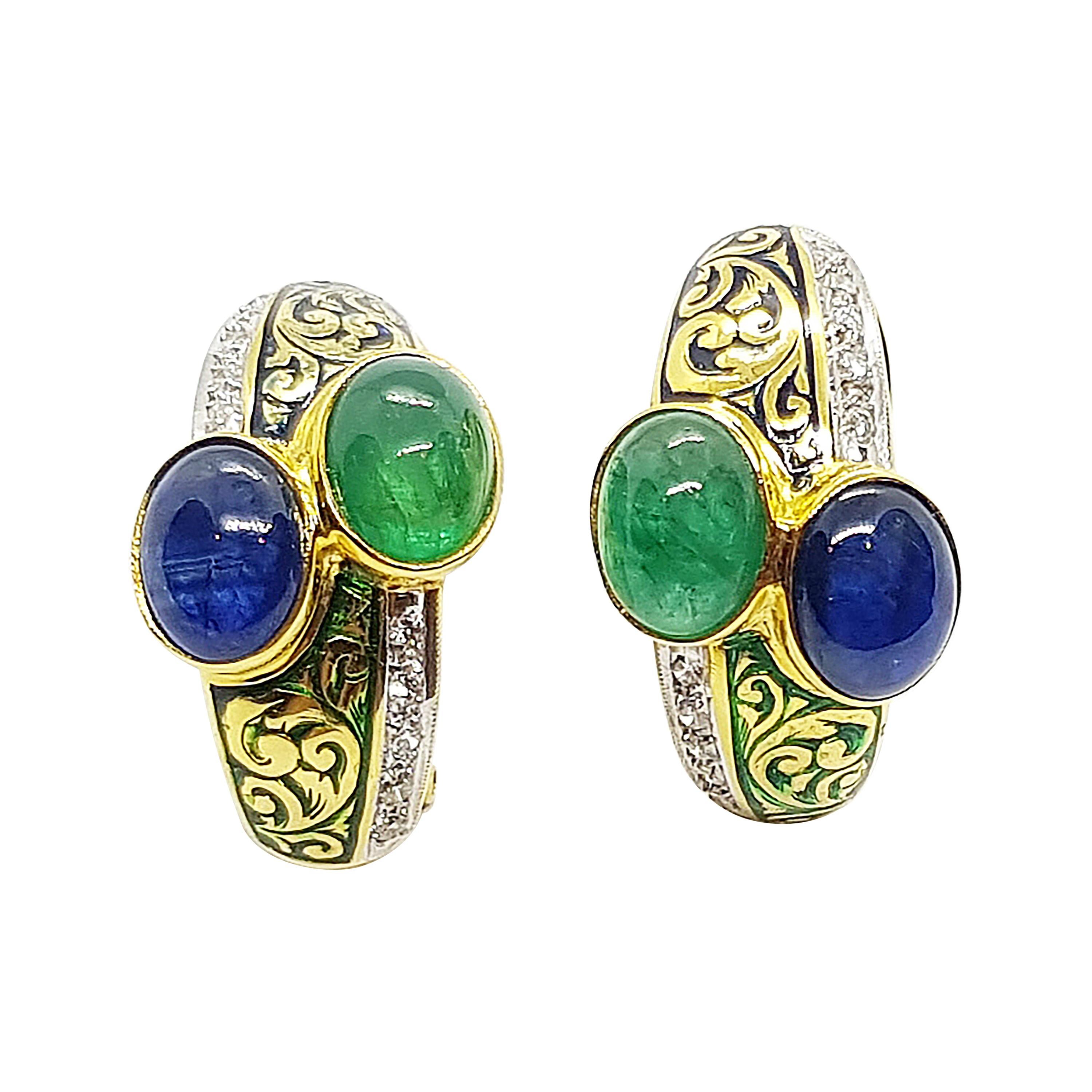 Cabochon Blue Sapphire and Cabochon Emerald with Diamond Earrings 18 Karat Gold For Sale