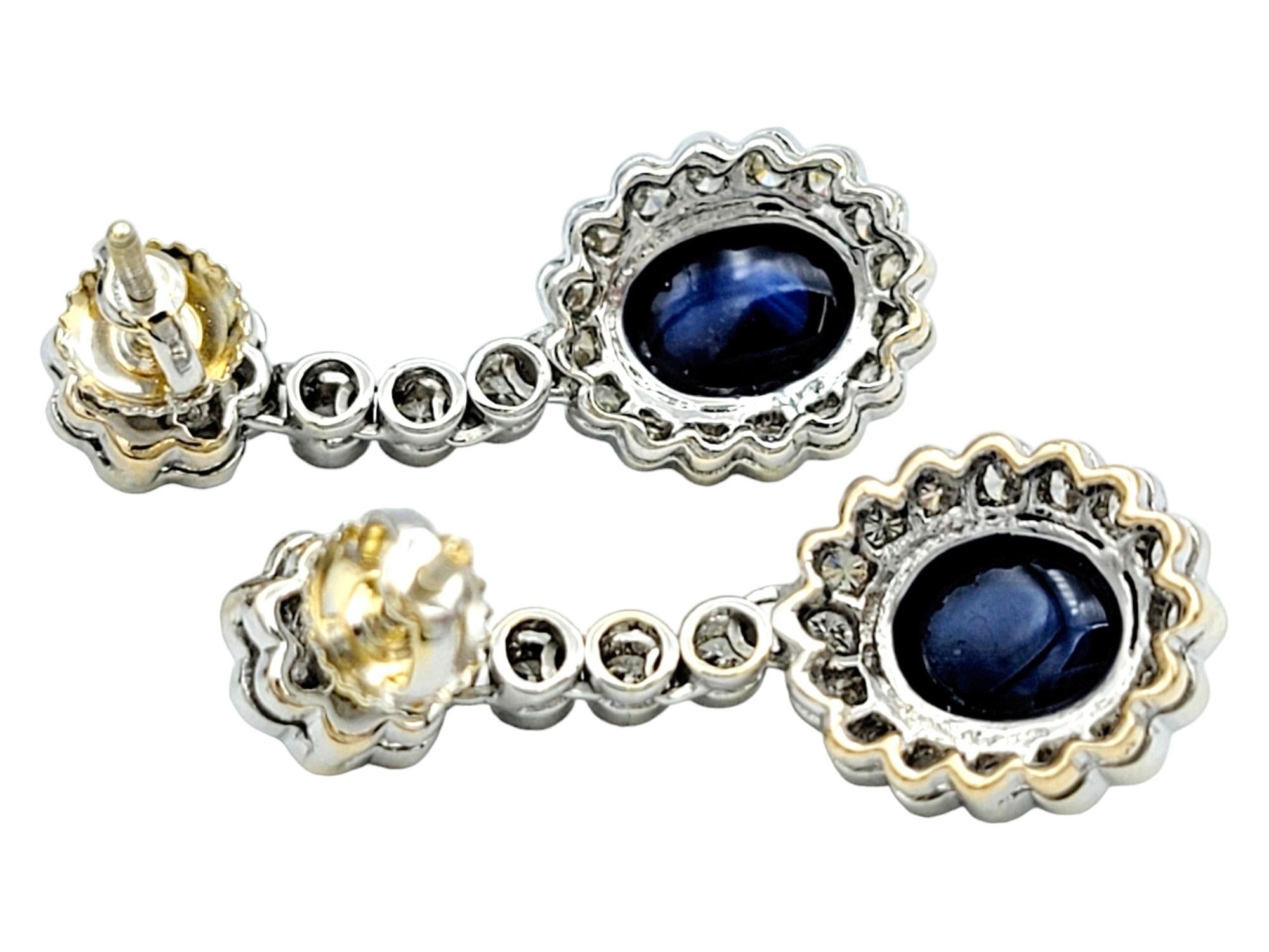 Cabochon Blue Sapphire and Diamond Halo Drop Earrings in 18 Karat White Gold In Good Condition For Sale In Scottsdale, AZ