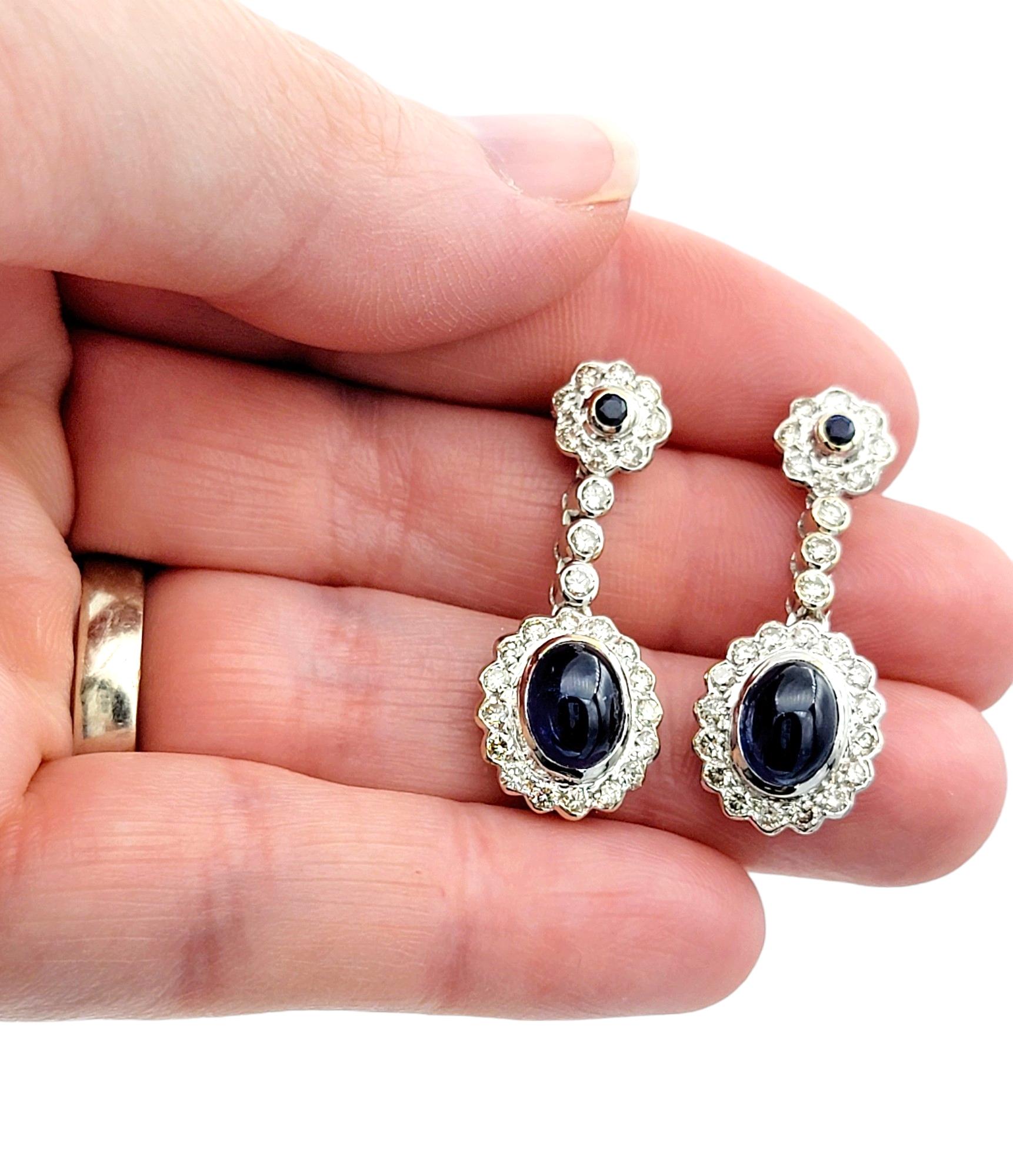 Women's Cabochon Blue Sapphire and Diamond Halo Drop Earrings in 18 Karat White Gold For Sale