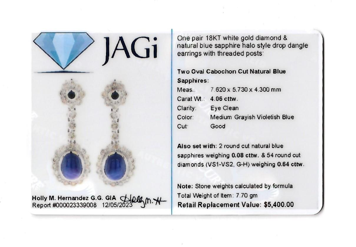 Cabochon Blue Sapphire and Diamond Halo Drop Earrings in 18 Karat White Gold For Sale 1
