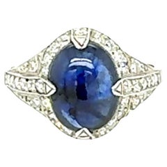 Anillo de Zafiro Azul Cabujón y Diamante engastado en Platino