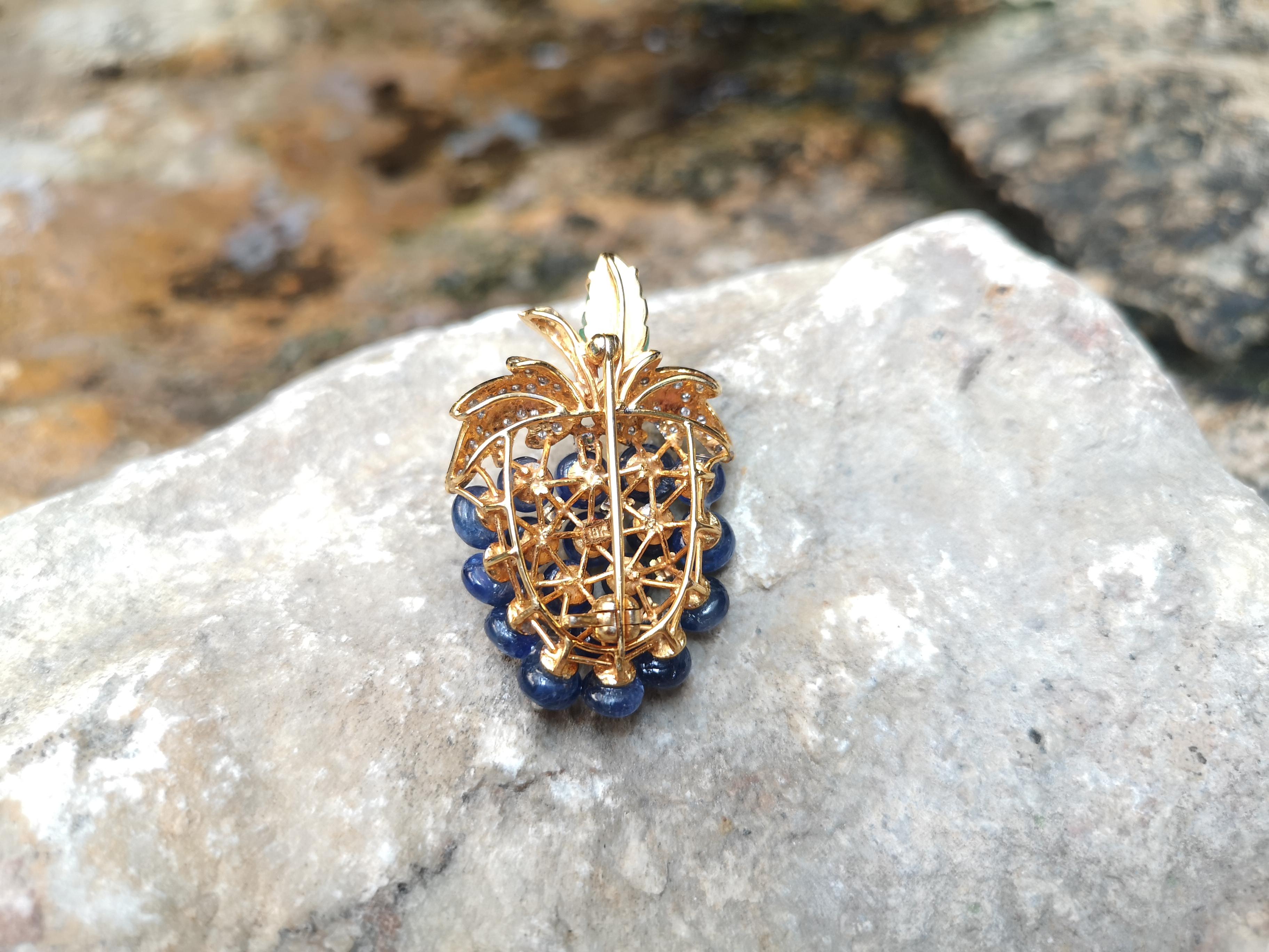 Women's Cabochon Blue Sapphire, Cabochon Emerald and Diamond Grape Brooch in 18k Gold