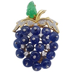 Cabochon Blue Sapphire, Cabochon Emerald and Diamond Grape Brooch in 18k Gold