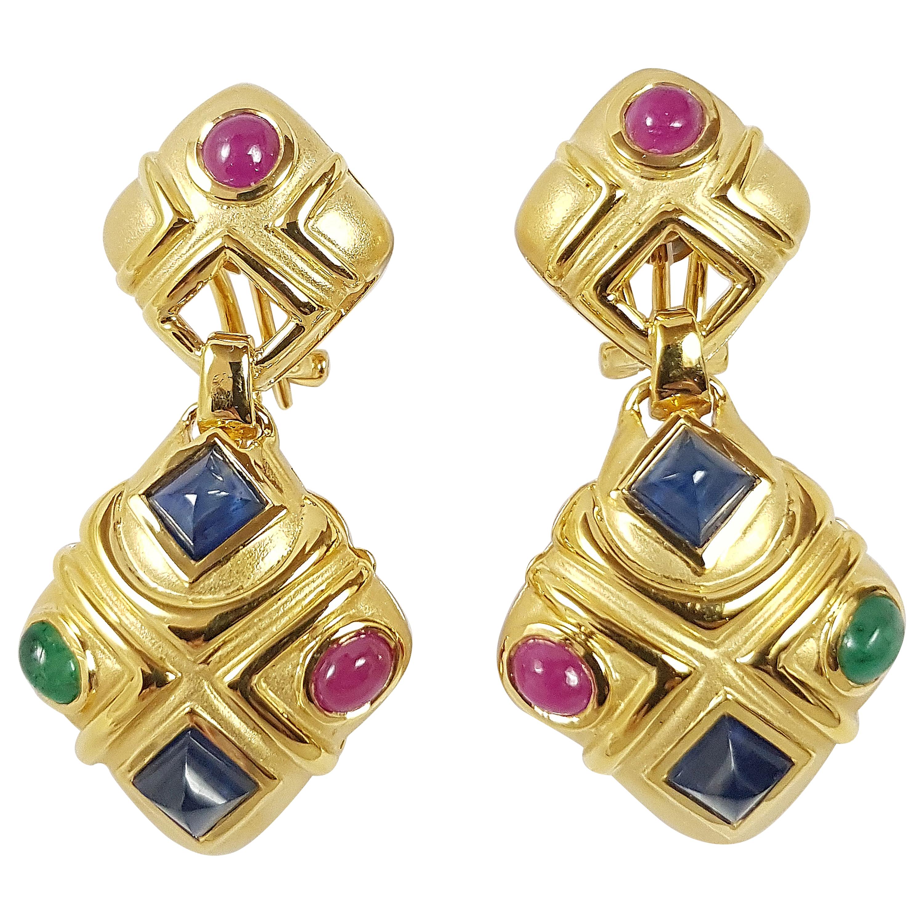 Cabochon Blue Sapphire, Cabochon Ruby, Cabochon Emerald Earrings Set in 18 Karat For Sale