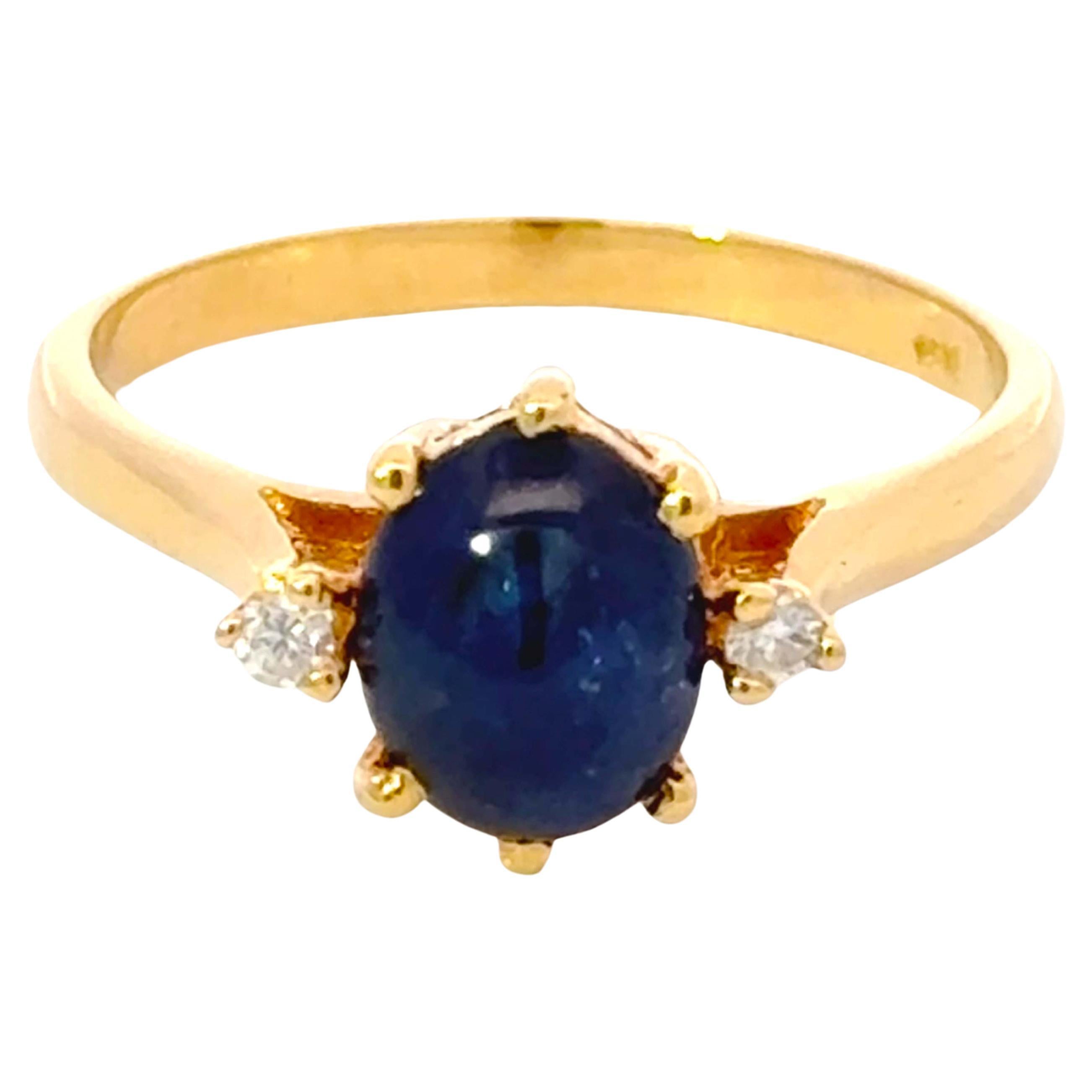 Cabochon Blue Sapphire Diamond Ring 18k Yellow Gold For Sale