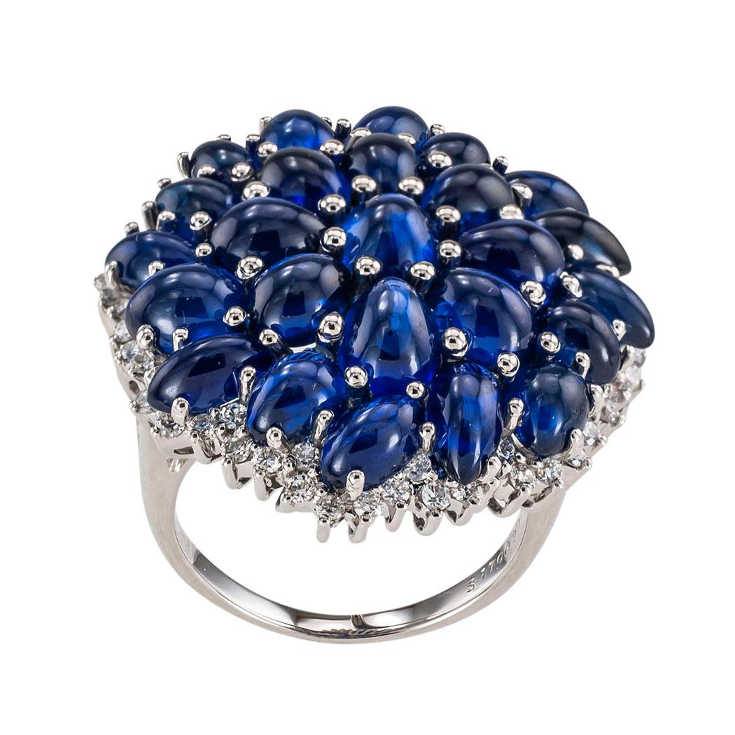 Cabochon Blue Sapphire Diamond White Gold Cocktail Ring In Good Condition In Los Angeles, CA