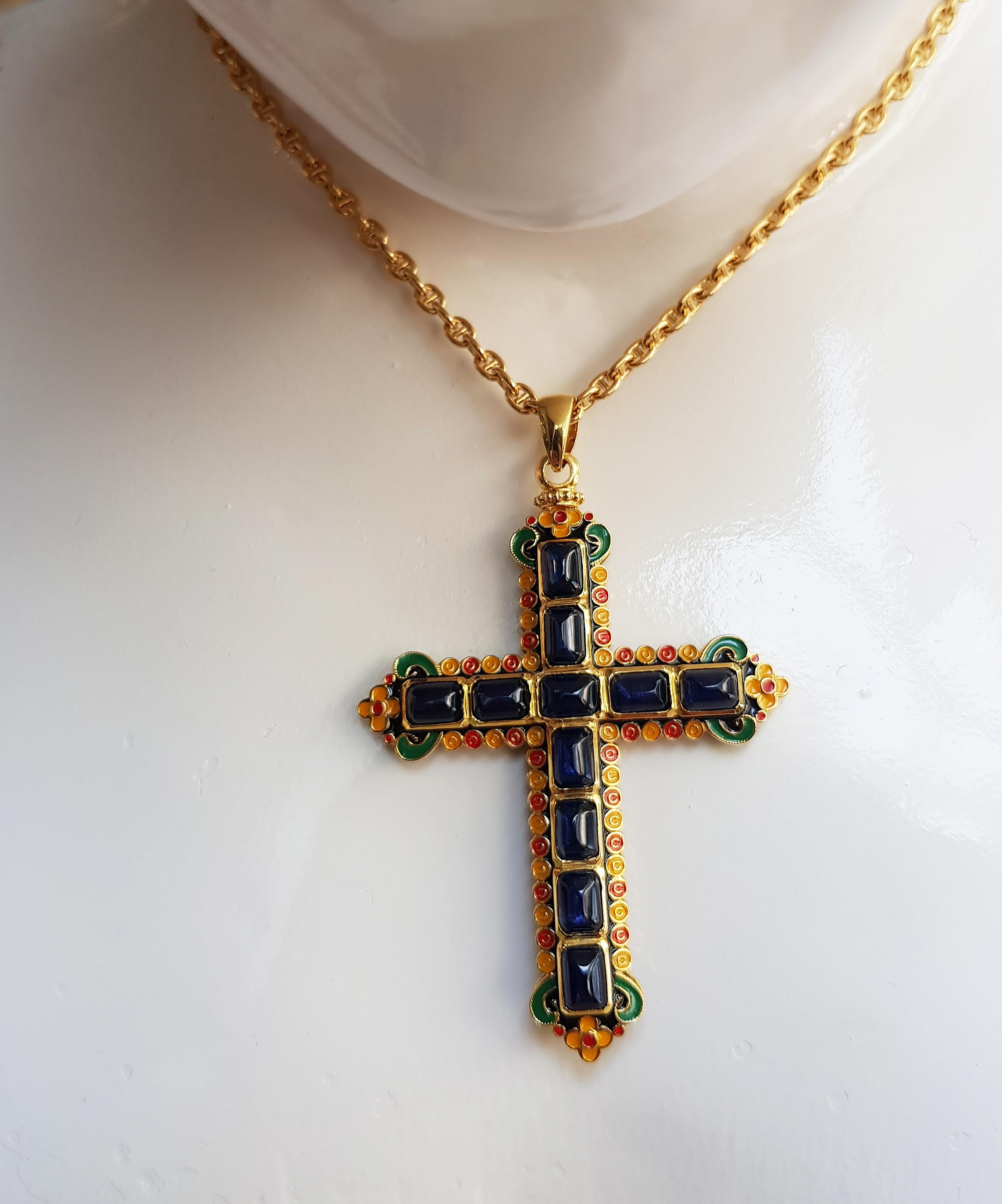 Cabochon Blue Sapphire Double Sided Cross Pendant Set in 18 Karat Gold Settings In New Condition For Sale In Bangkok, TH
