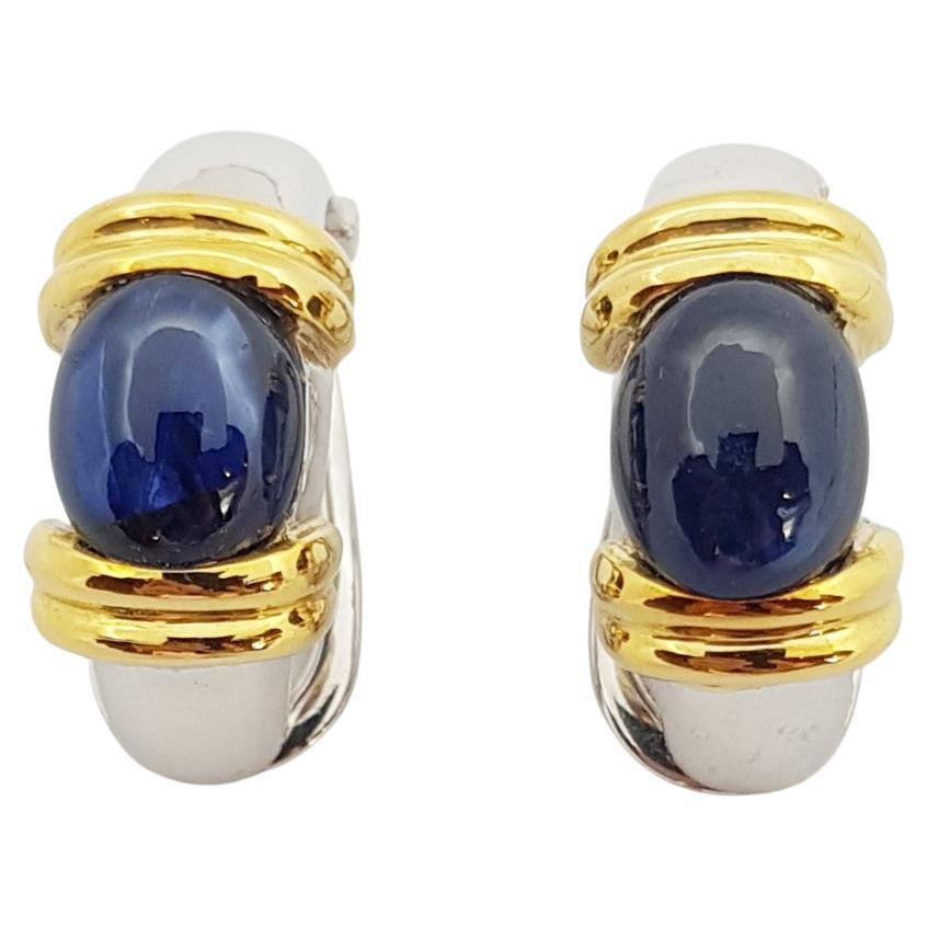 Cabochon Blue Sapphire Earrings Set in 18 Karat White Gold Settings For Sale