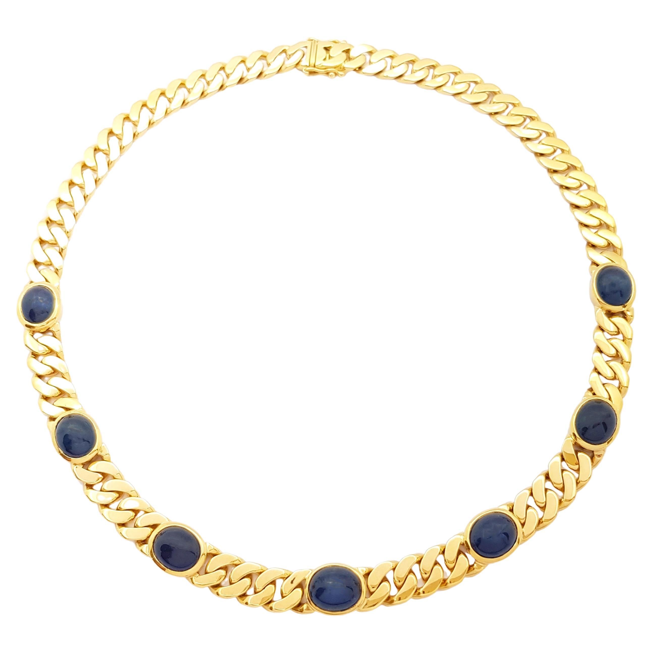 Cabochon Blue Sapphire Necklace set in 18K Gold Settings For Sale