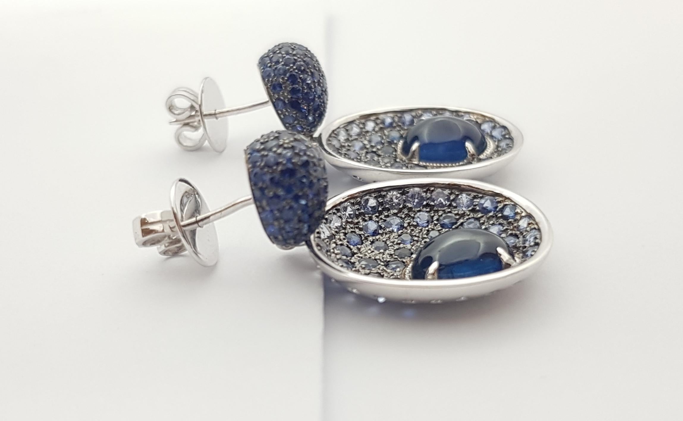 Mixed Cut Cabochon Blue Sapphire with Blue Sapphire Earrings Set in 18 Karat White Gold For Sale