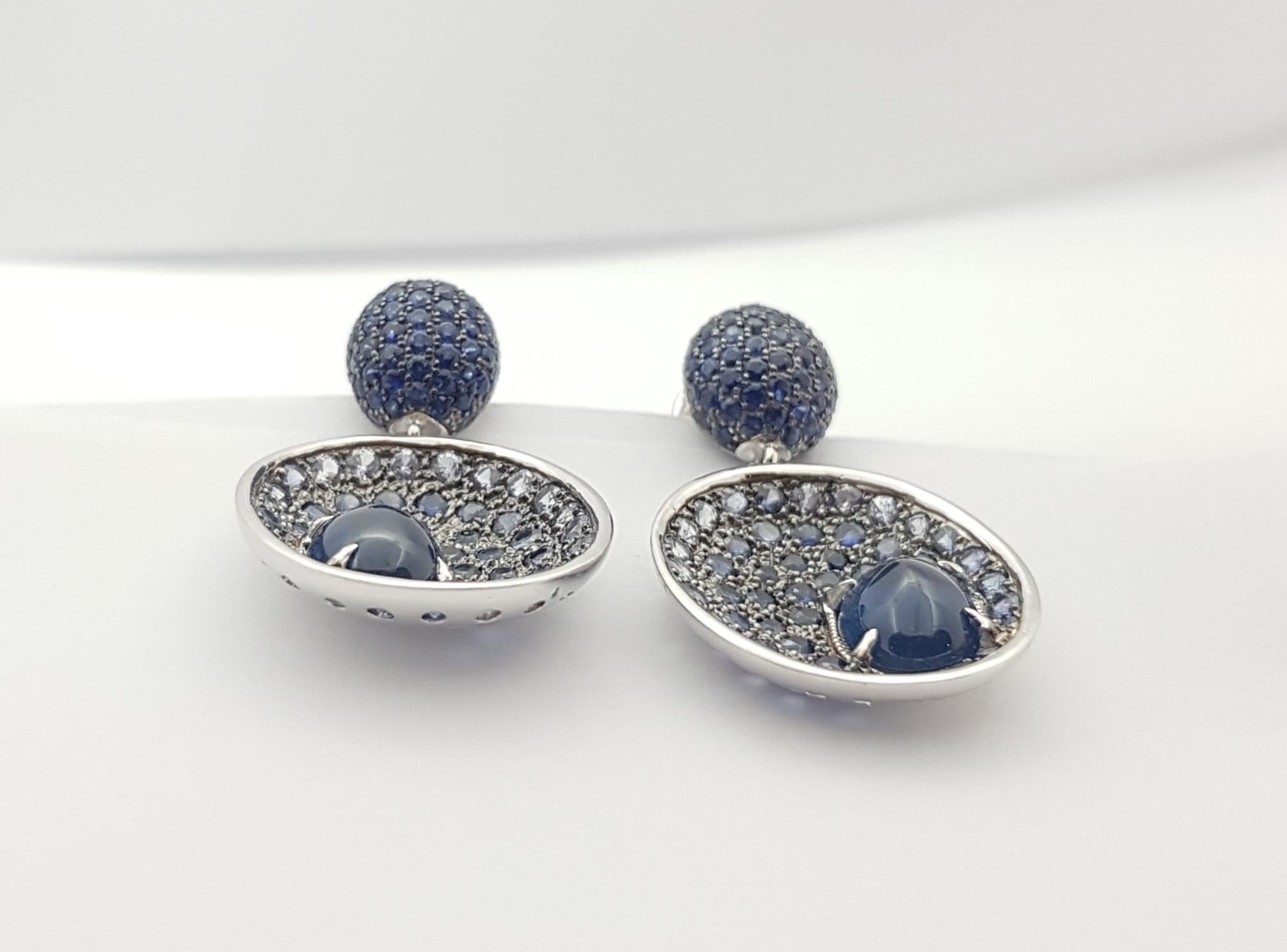 Women's Cabochon Blue Sapphire with Blue Sapphire Earrings Set in 18 Karat White Gold For Sale