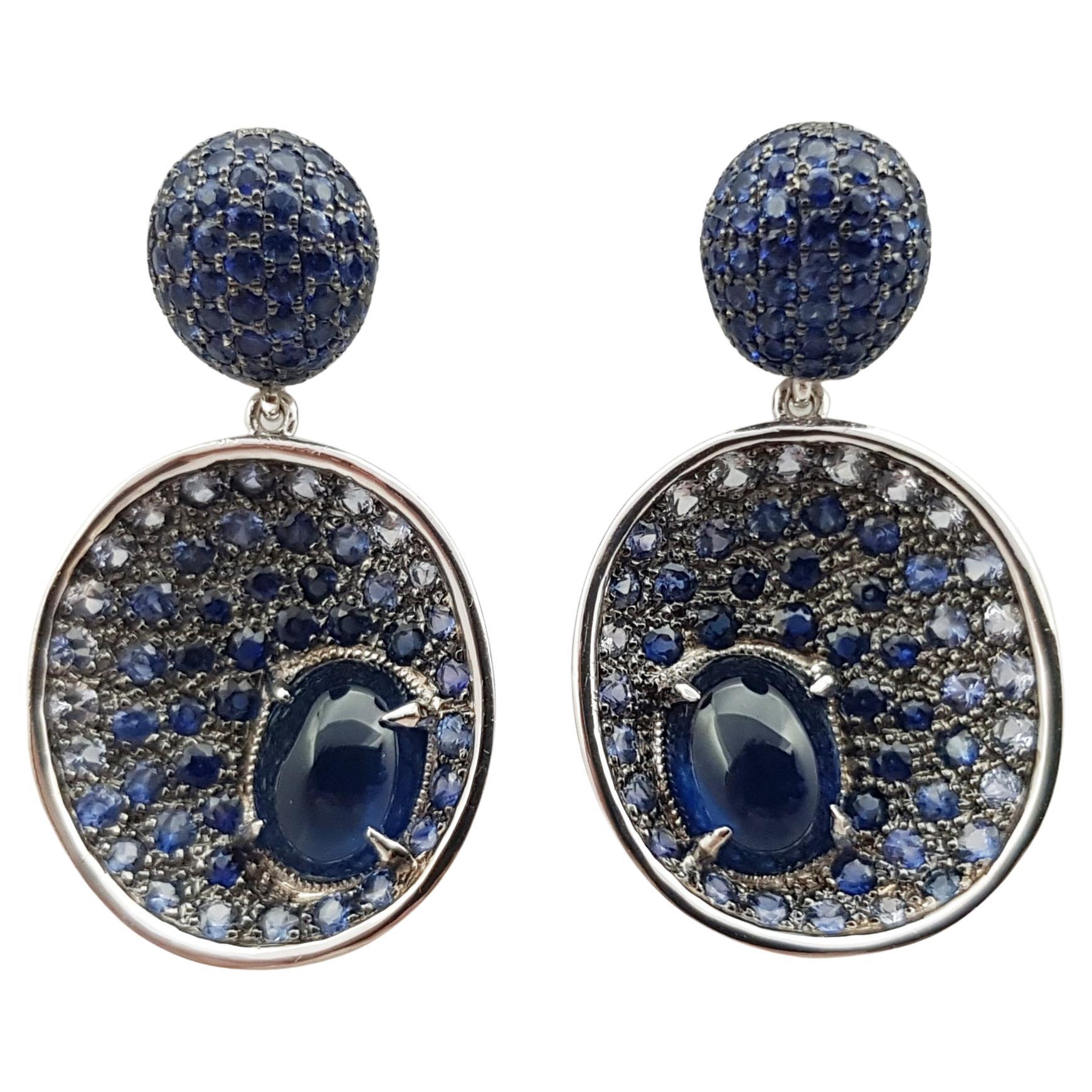 Cabochon Blue Sapphire with Blue Sapphire Earrings Set in 18 Karat White Gold For Sale