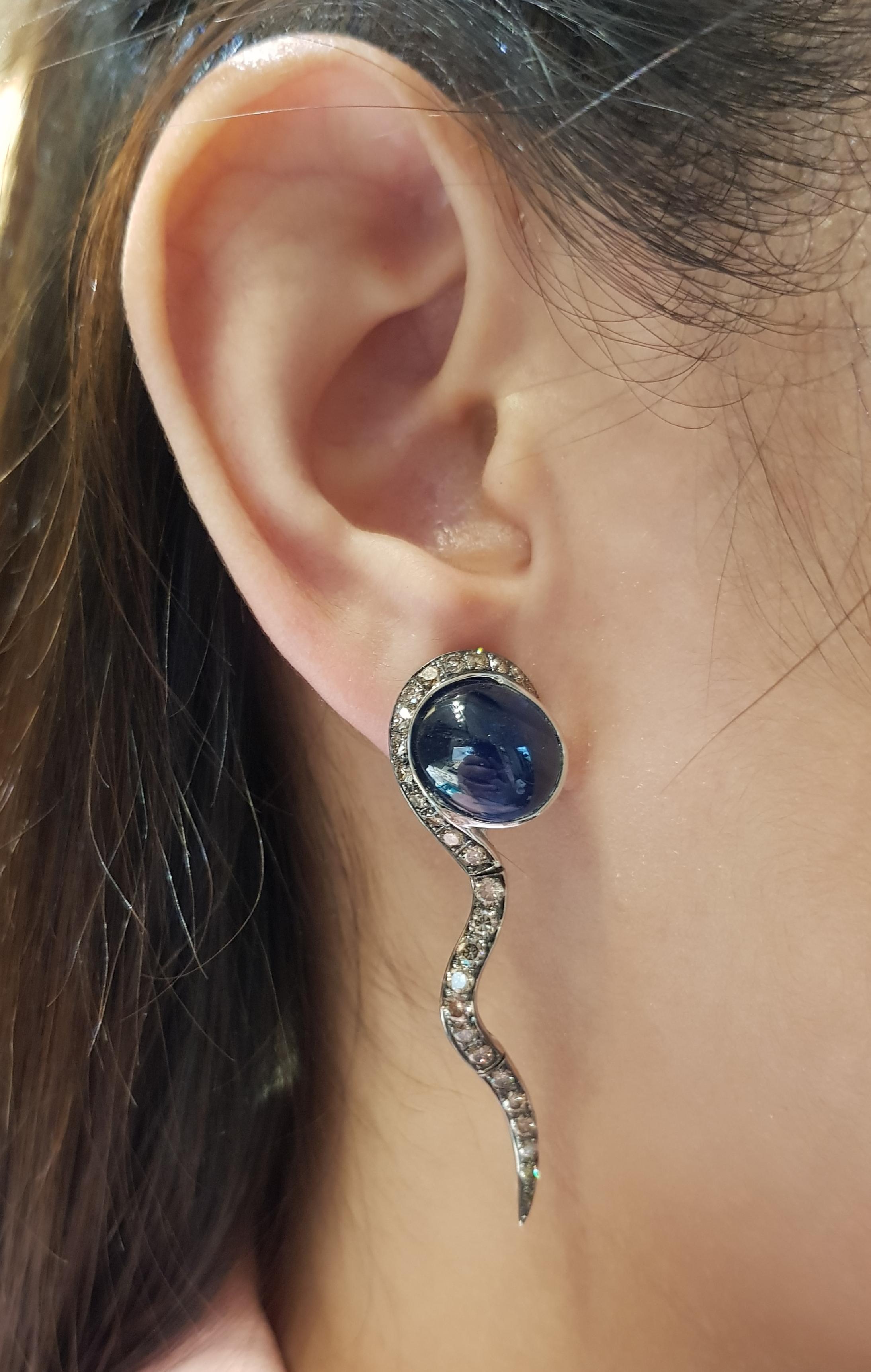 Cabochon Blue Sapphire 18.48 carats with Brown Diamond 1.87 carats Earrings set in 18 Karat White Gold Settings

Width:  1.5 cm 
Length:  5.2 cm
Total Weight: 15.3 grams

