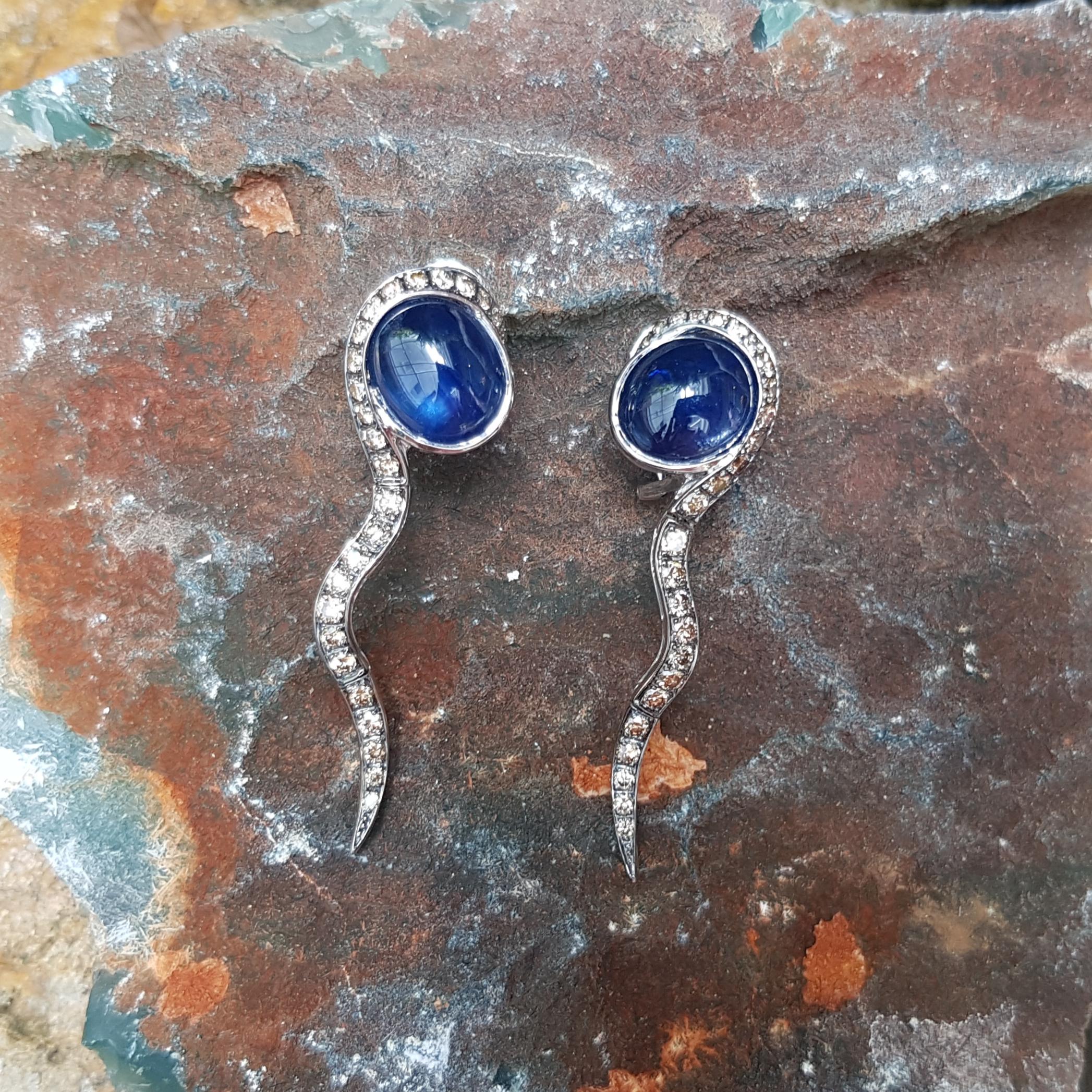 Contemporary Cabochon Blue Sapphire with Brown Diamond Earrings Set in 18 Karat White Gold  For Sale