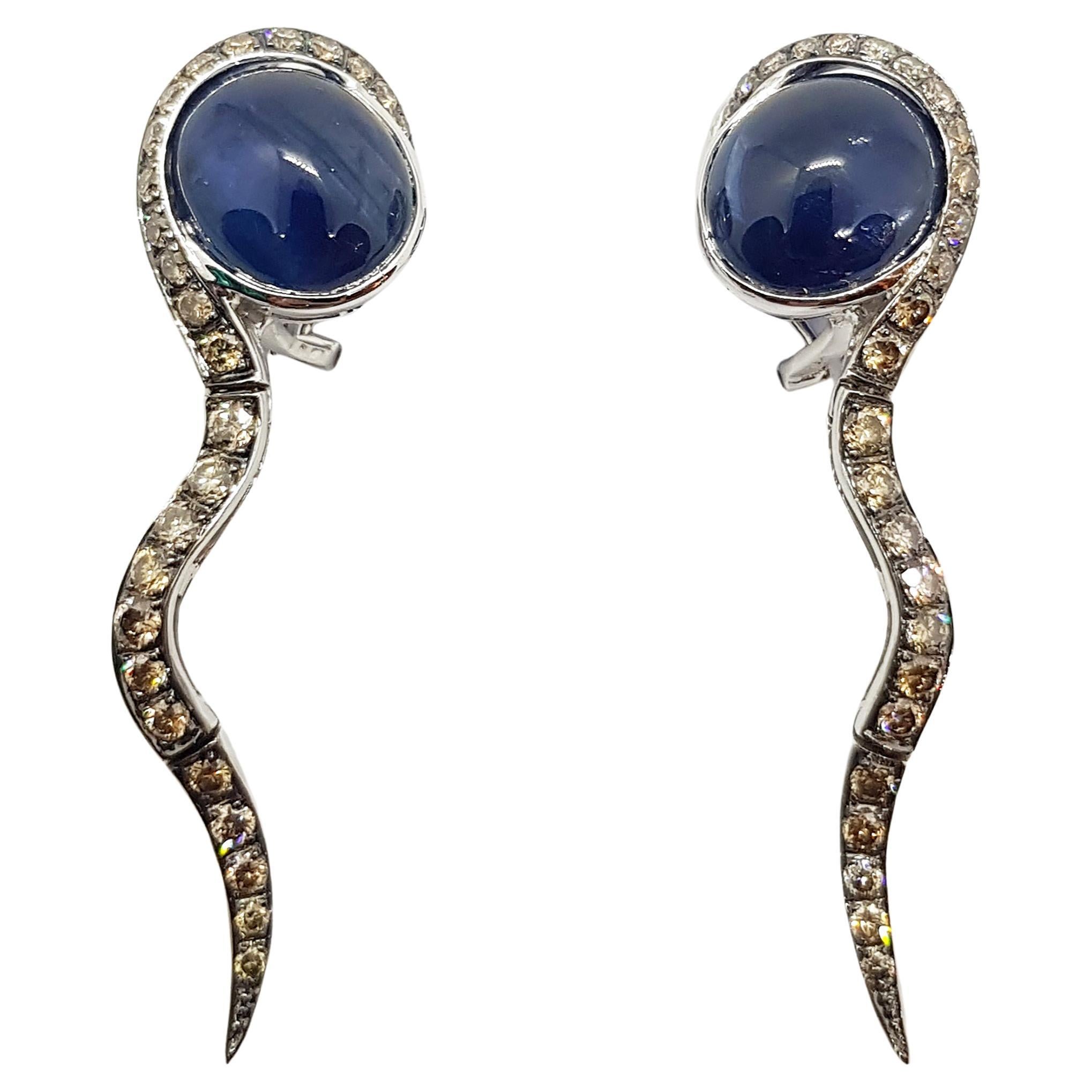 Cabochon Blue Sapphire with Brown Diamond Earrings Set in 18 Karat White Gold  For Sale