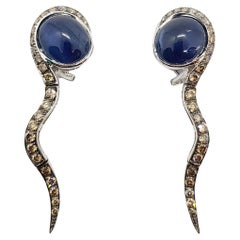 Cabochon Blue Sapphire with Brown Diamond Earrings Set in 18 Karat White Gold 