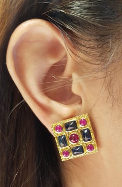 Cabochon Blue Sapphire with Cabochon Ruby Earrings Set in 18 Karat Gold Settings