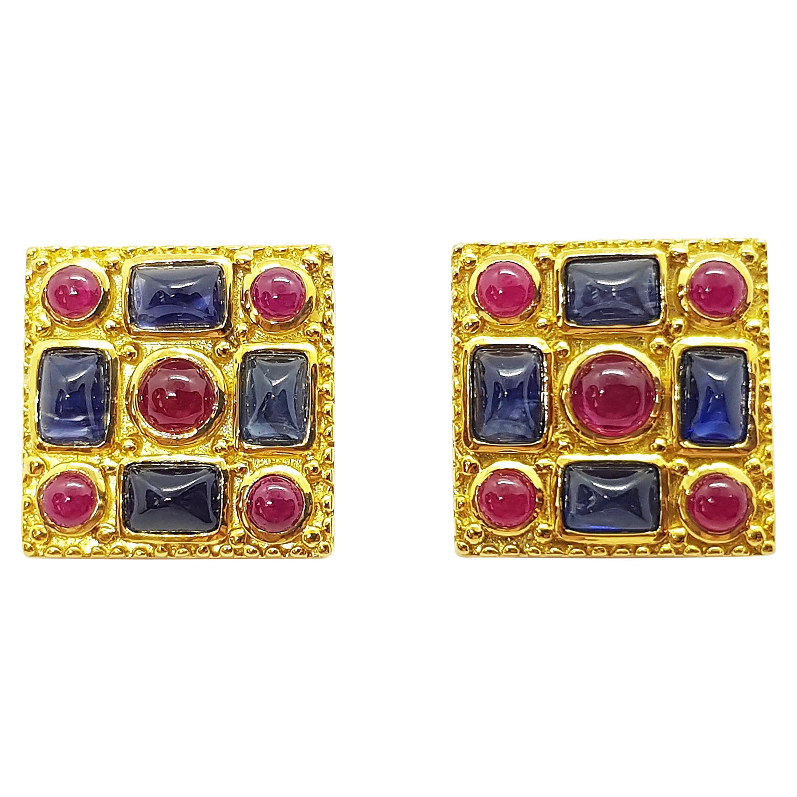 Cabochon Blue Sapphire with Cabochon Ruby Earrings Set in 18 Karat Gold Settings