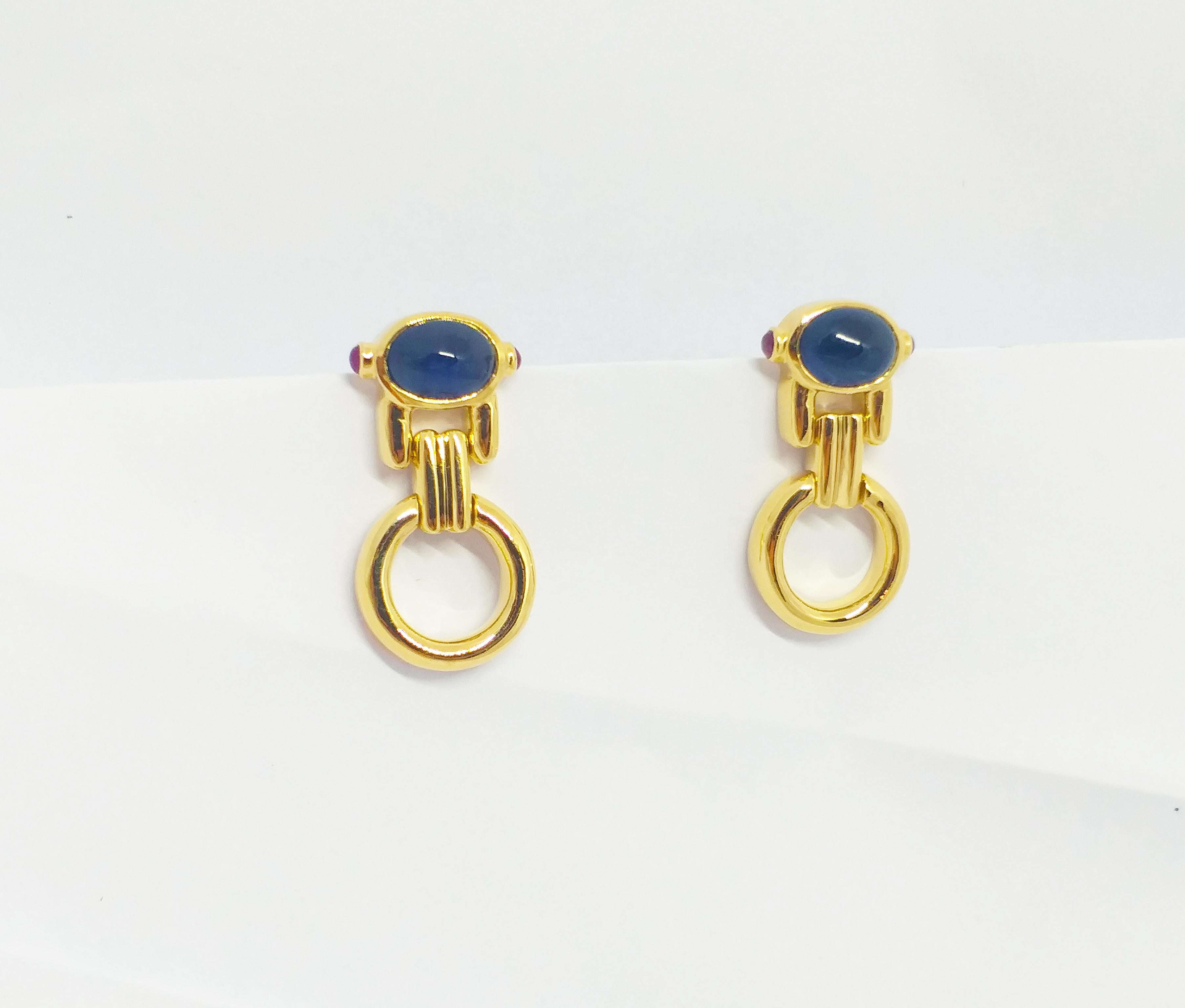 Cabochon Blue Sapphire with Cabochon Ruby Earrings set in 18K Gold Settings For Sale 9