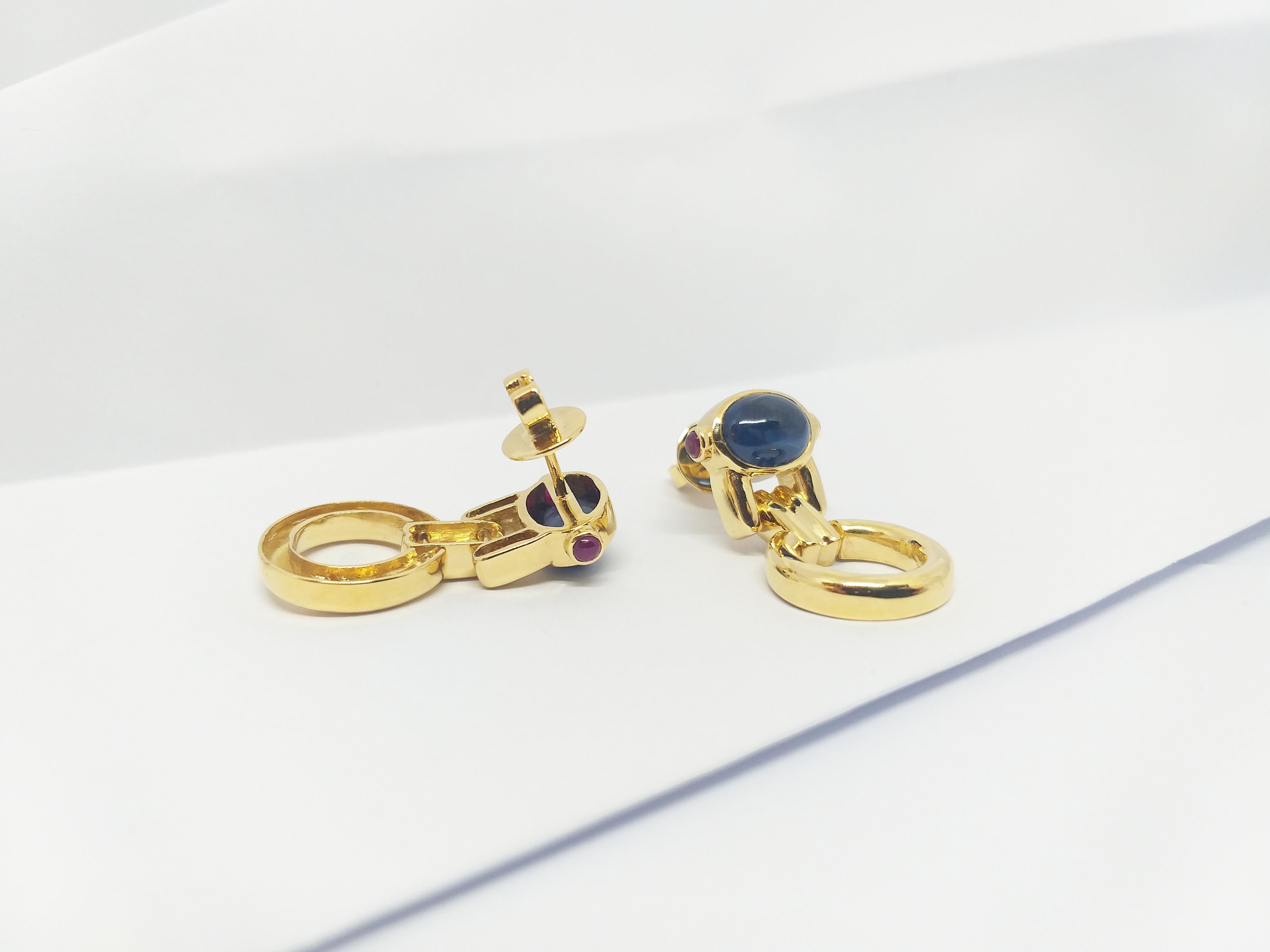 Cabochon Blue Sapphire with Cabochon Ruby Earrings set in 18K Gold Settings For Sale 3