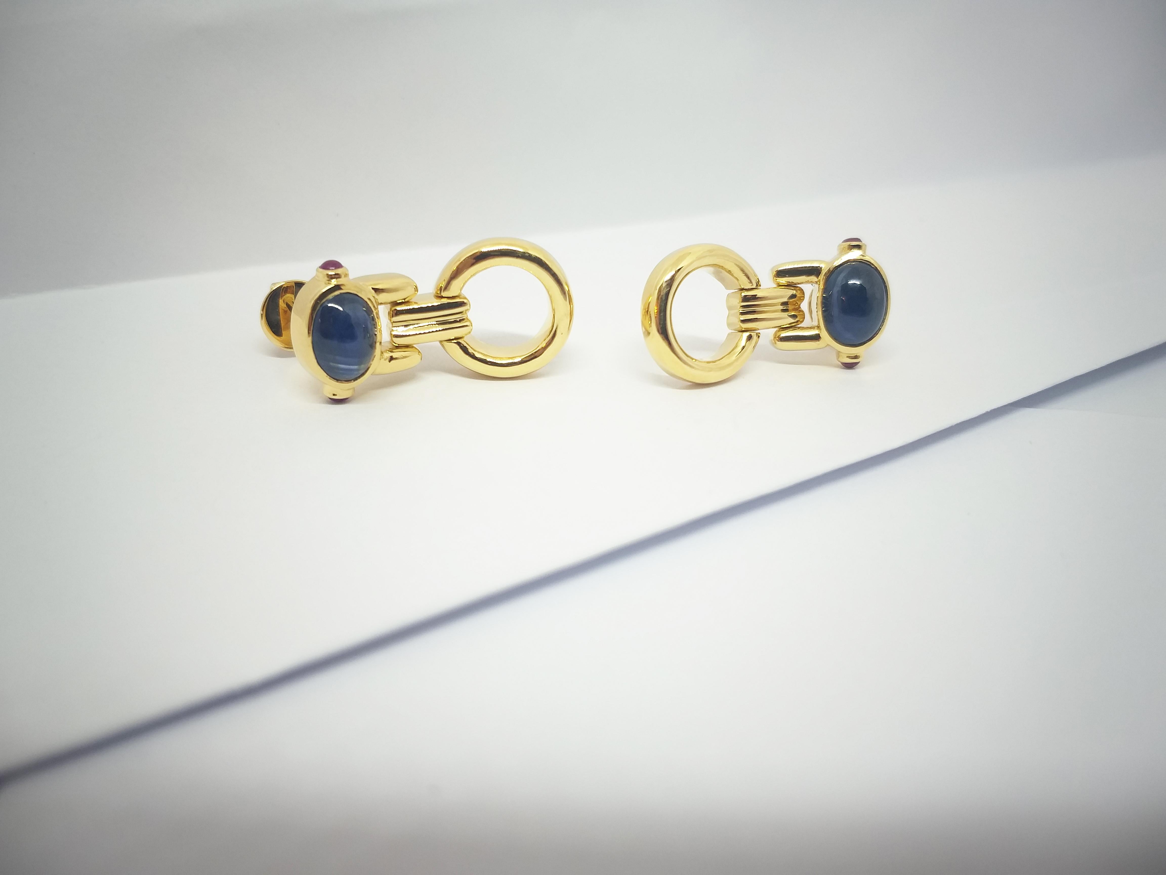 Cabochon Blue Sapphire with Cabochon Ruby Earrings set in 18K Gold Settings For Sale 4