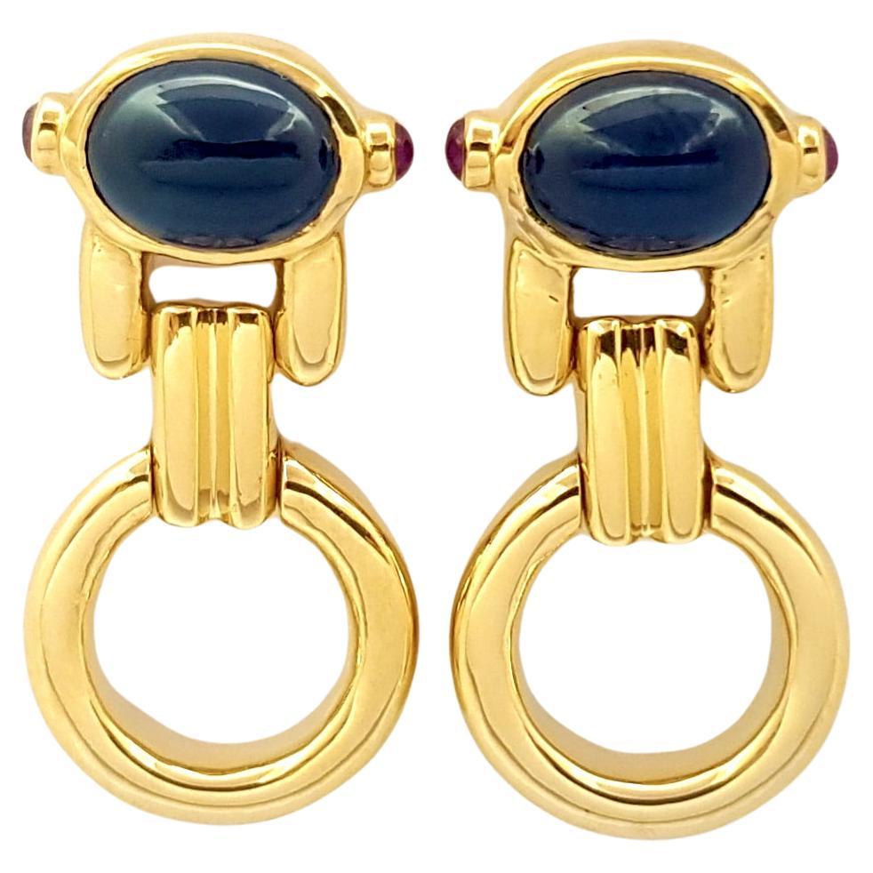 Cabochon Blue Sapphire with Cabochon Ruby Earrings set in 18K Gold Settings For Sale