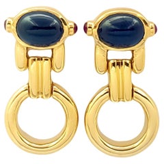 Cabochon Blue Sapphire with Cabochon Ruby Earrings set in 18K Gold Settings