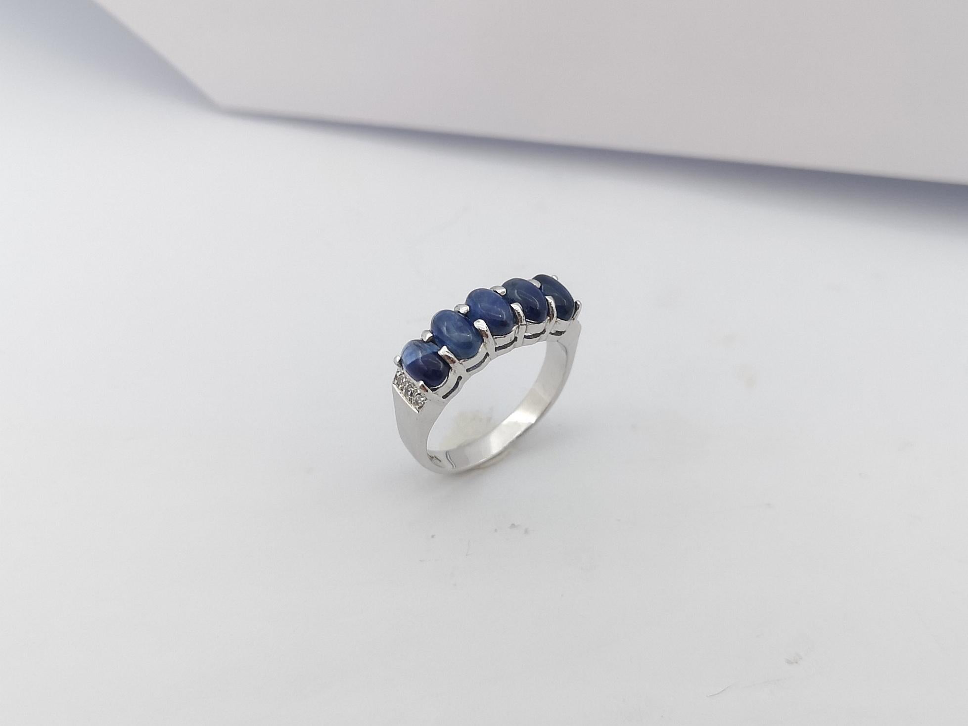 Cabochon Blue Sapphire with Cubic Zirconia Ring set in Silver Settings For Sale 9