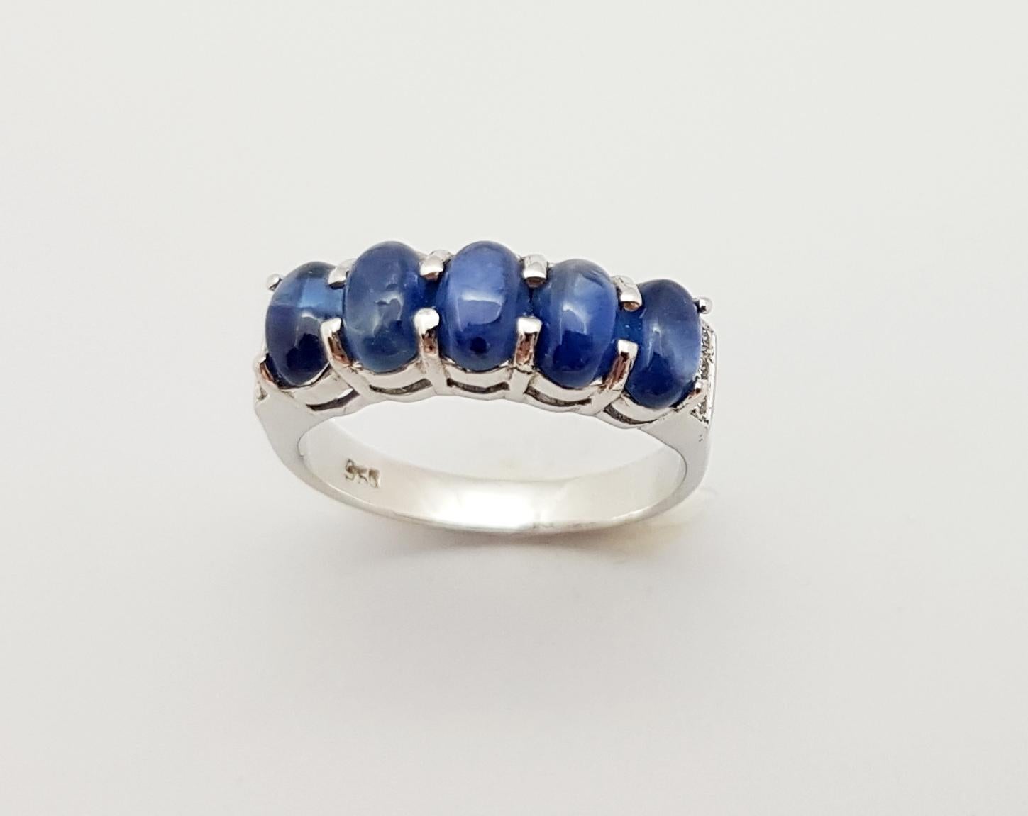 Cabochon Blue Sapphire with Cubic Zirconia Ring set in Silver Settings For Sale 10