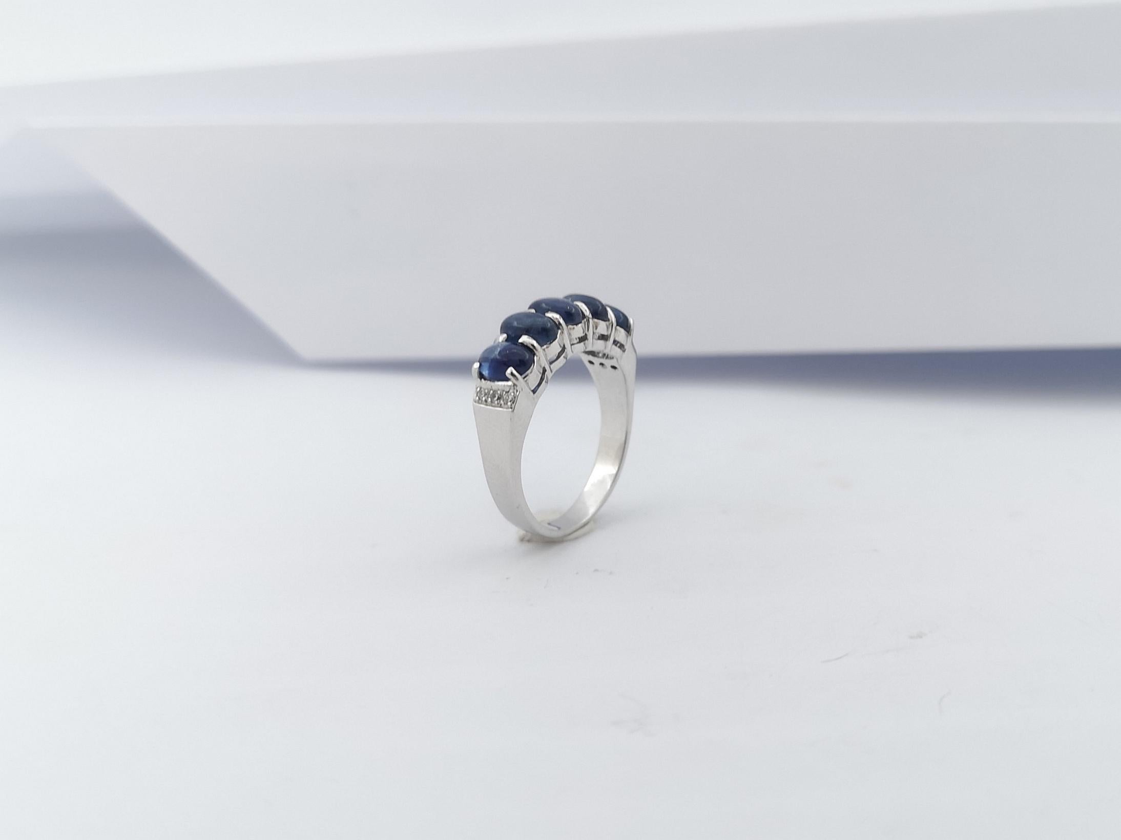 Cabochon Blue Sapphire with Cubic Zirconia Ring set in Silver Settings For Sale 11