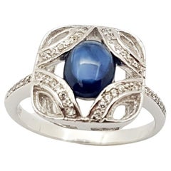 Cabochon Blue Sapphire with Cubic Zirconia Ring set in Silver Settings