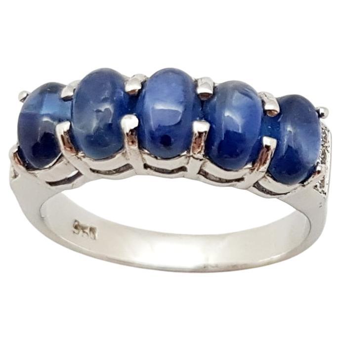 Cabochon Blue Sapphire with Cubic Zirconia Ring set in Silver Settings For Sale