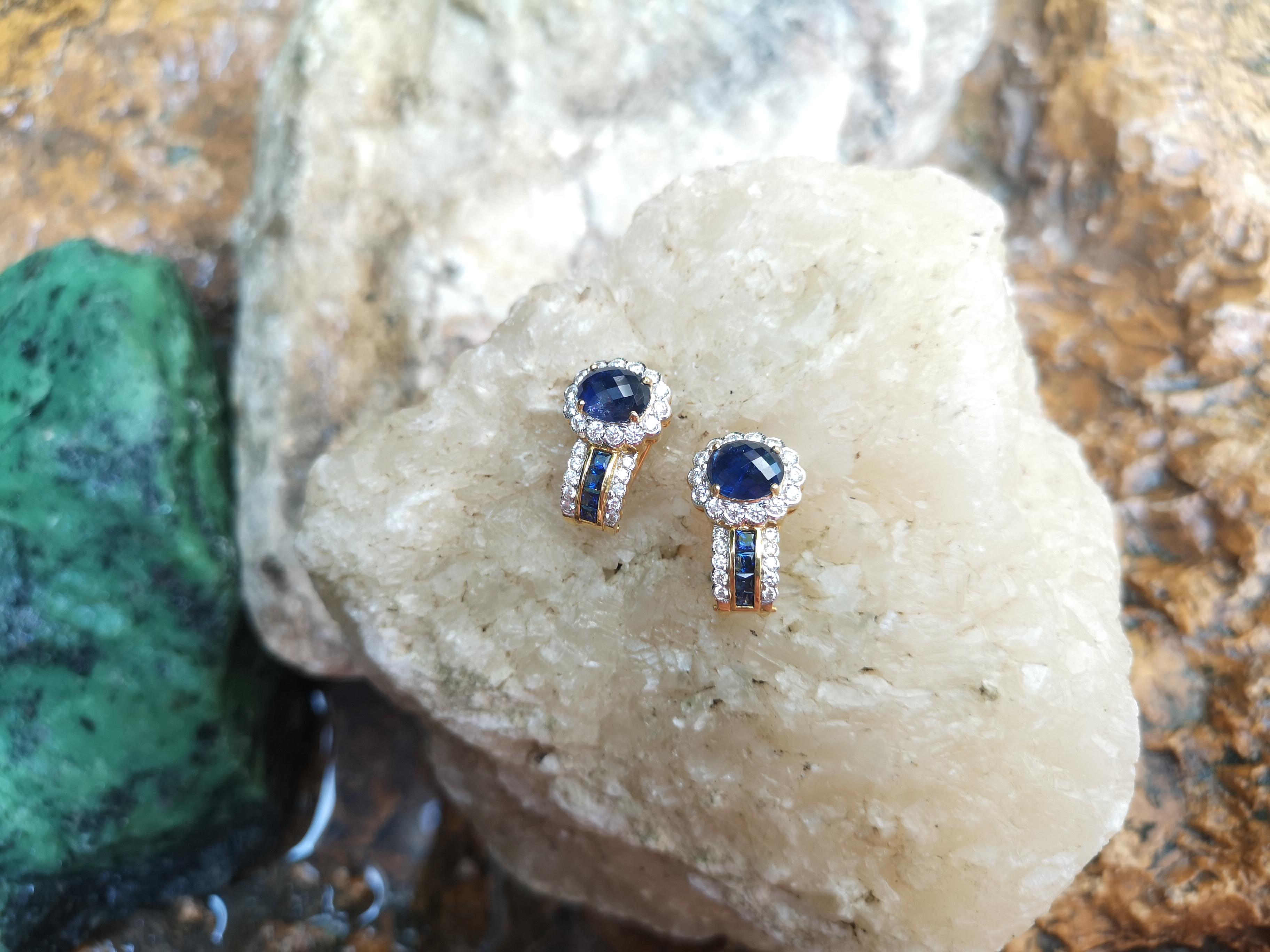 Women's Cabochon Blue Sapphire with Diamond and Blue Sapphire Earrings in 18 Karat Gold For Sale