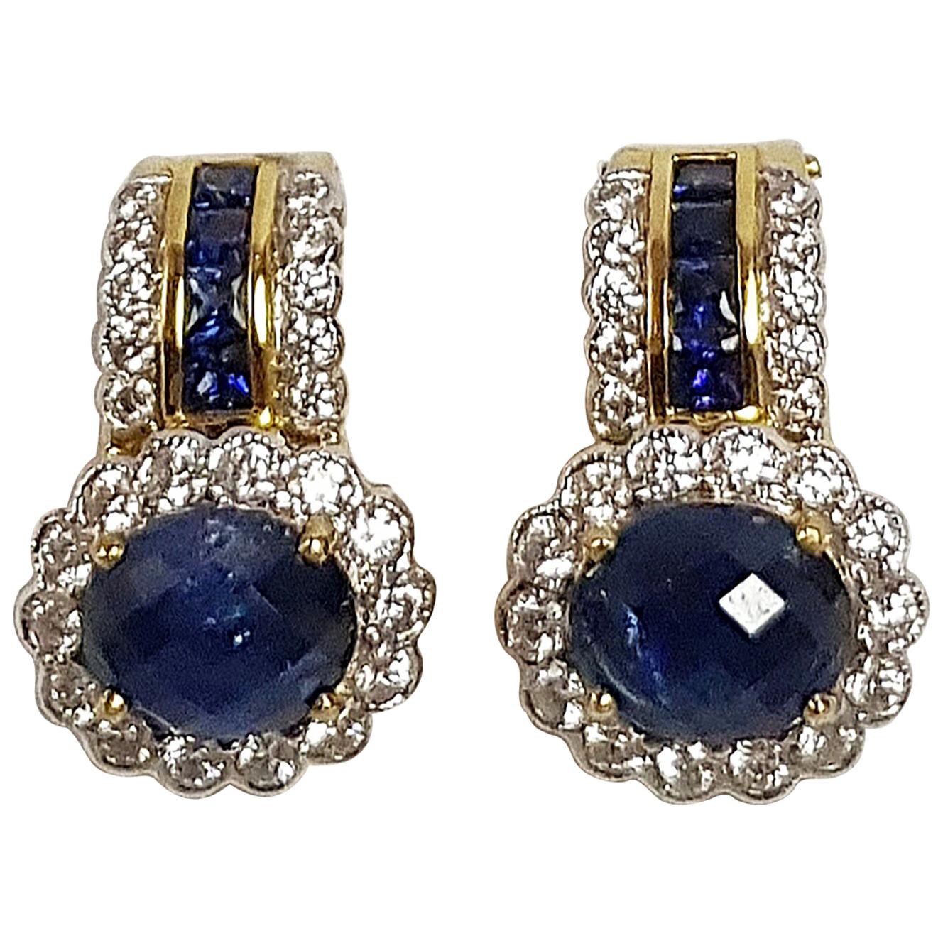 Cabochon Blue Sapphire with Diamond and Blue Sapphire Earrings in 18 Karat Gold For Sale
