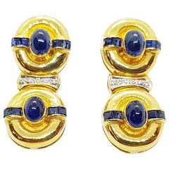 Cabochon Blue Sapphire with Diamond and Blue Sapphire Earrings in 18 Karat Gold