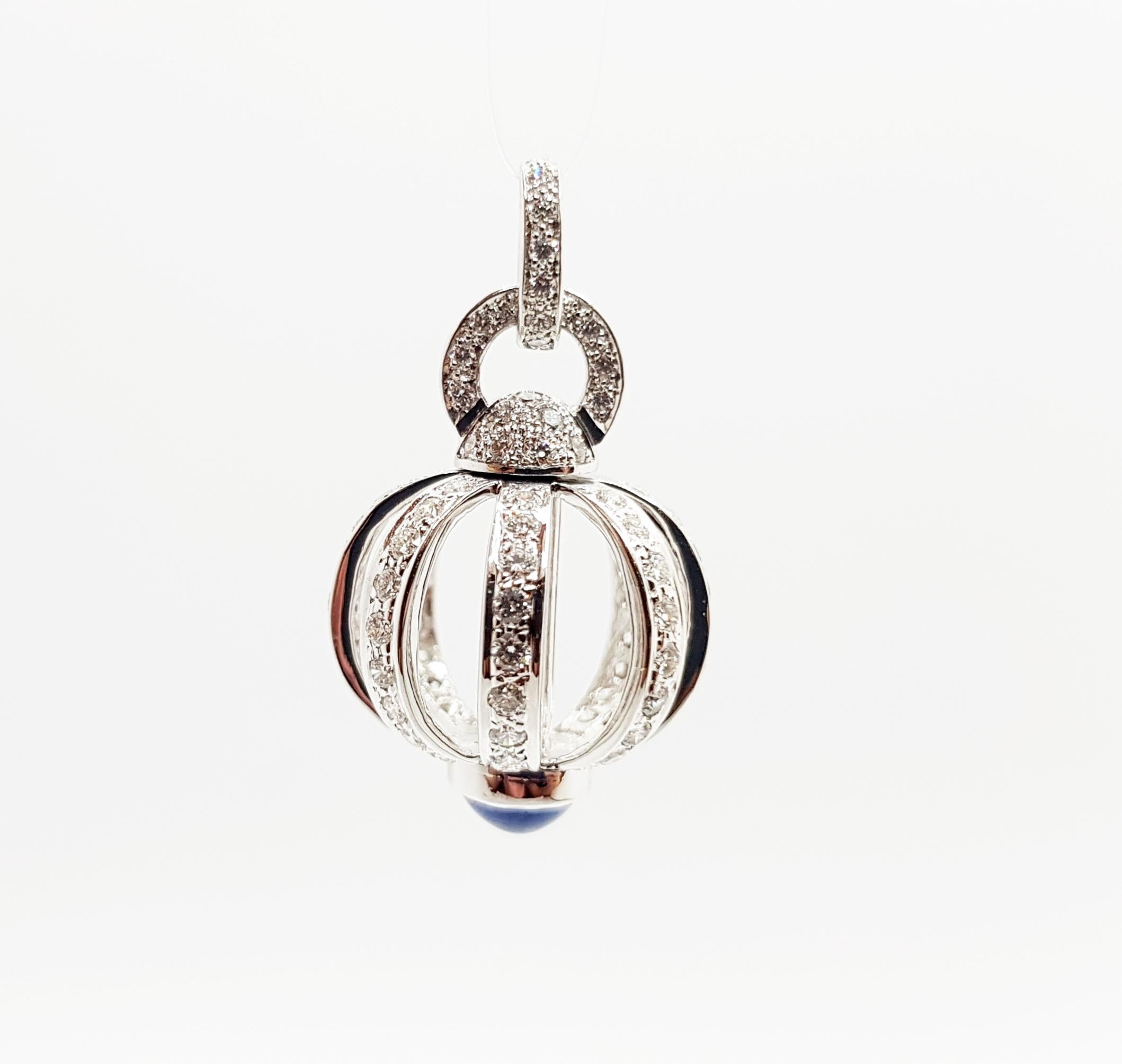 Contemporary Cabochon Blue Sapphire with Diamond Dorje Pendant in 18 Karat White Gold For Sale