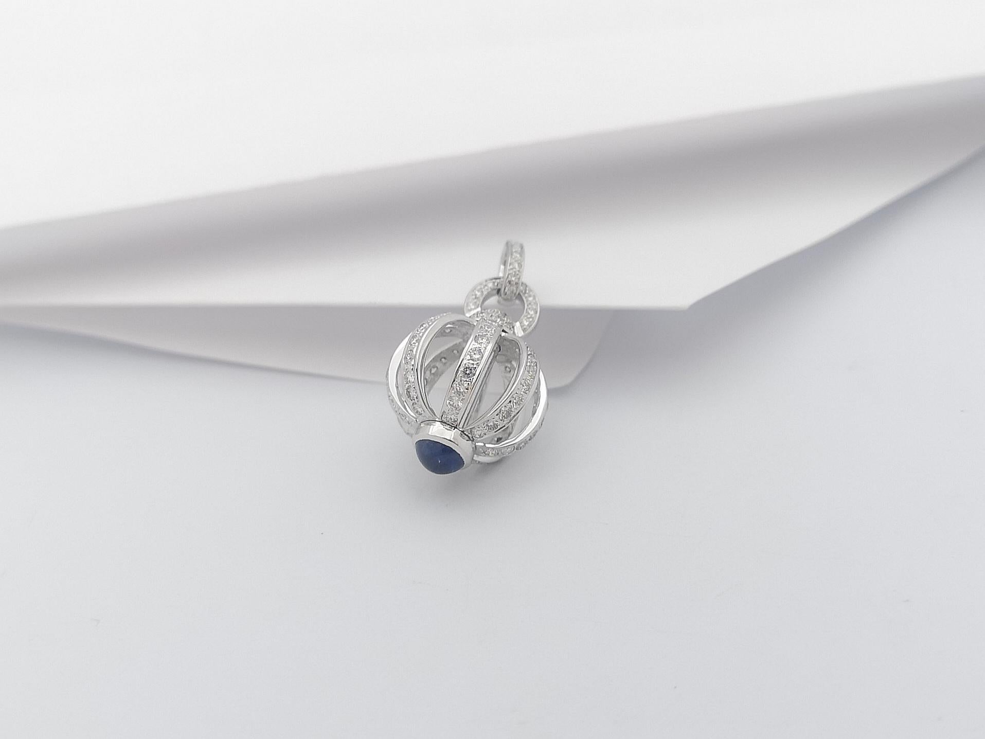 Cabochon Blue Sapphire with Diamond Dorje Pendant in 18 Karat White Gold For Sale 4