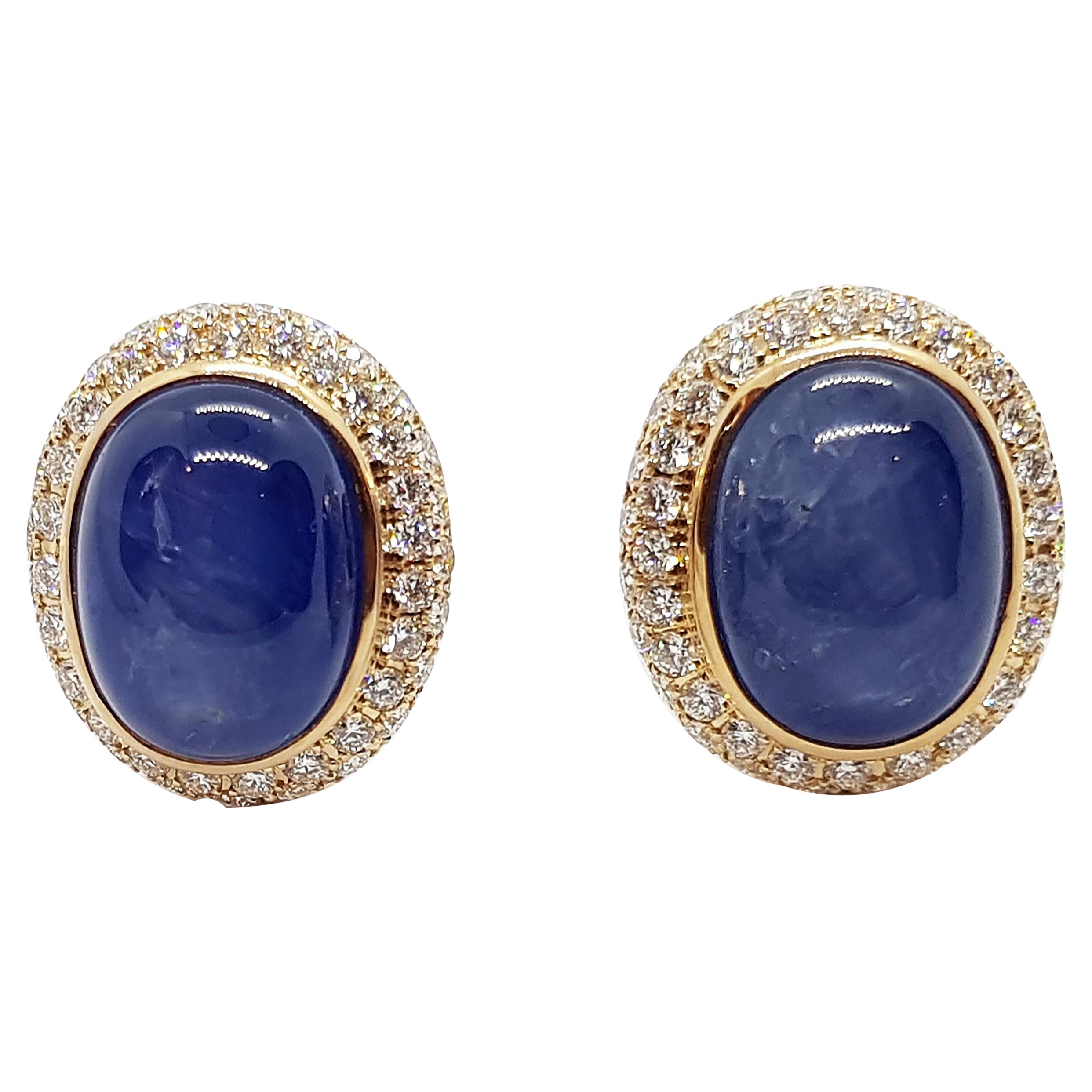 Ohrringe mit blauem Saphir im Cabochon-Schliff und Diamant in 18 Karat Goldfassung
