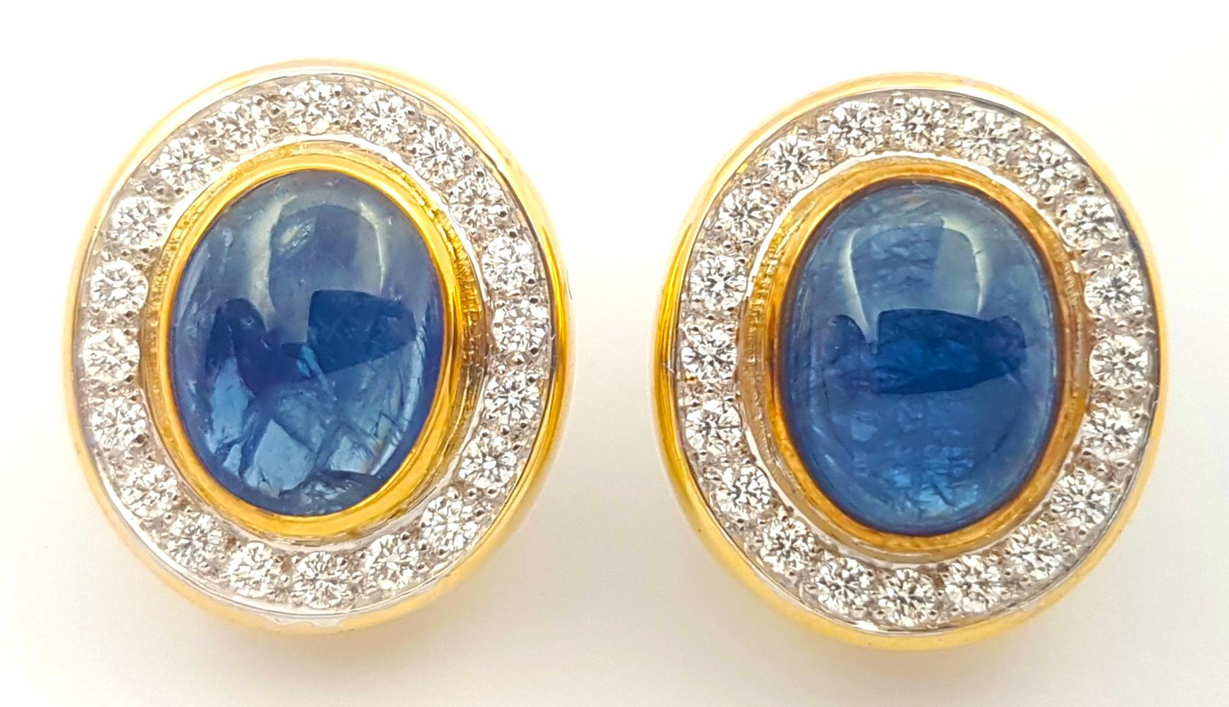Contemporary Cabochon Blue Sapphire with Diamond Earrings set in 18K Gold Settings For Sale