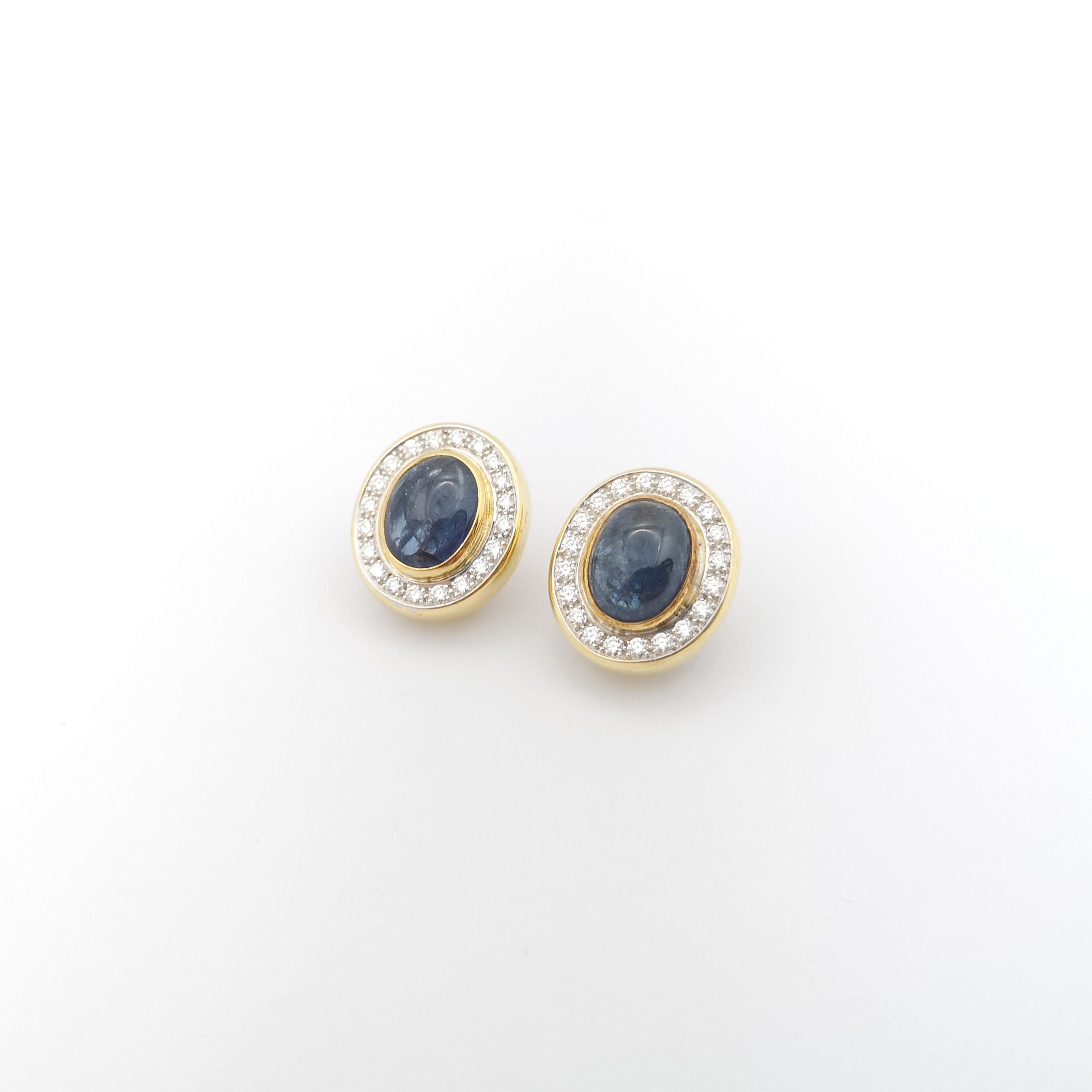 Women's Cabochon Blue Sapphire with Diamond Earrings set in 18K Gold Settings For Sale