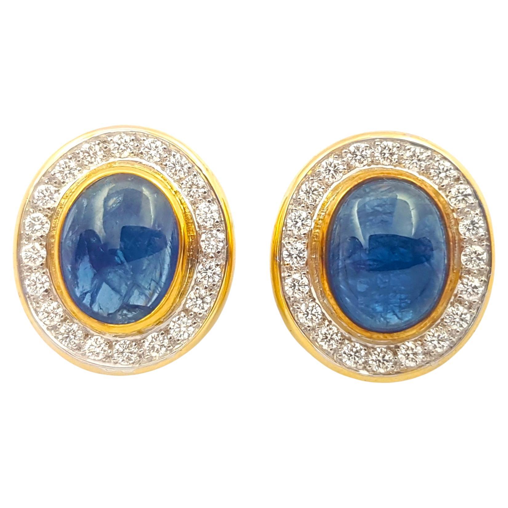 Cabochon Blue Sapphire with Diamond Earrings set in 18K Gold Settings For Sale