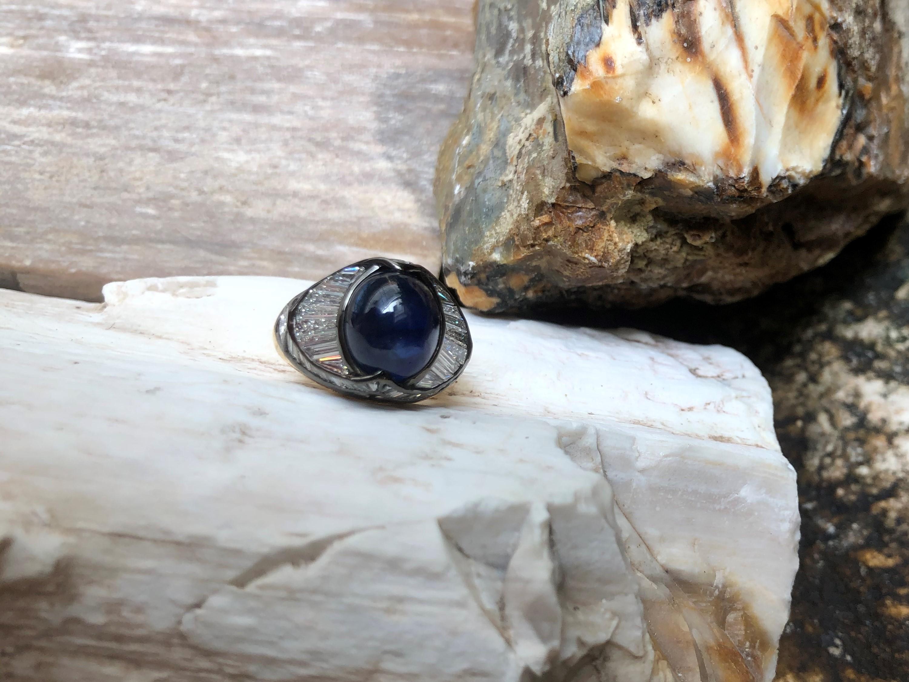 Cabochon Blue Sapphire with Diamond Ring Set in 18 Karat Gold Settings For Sale 5