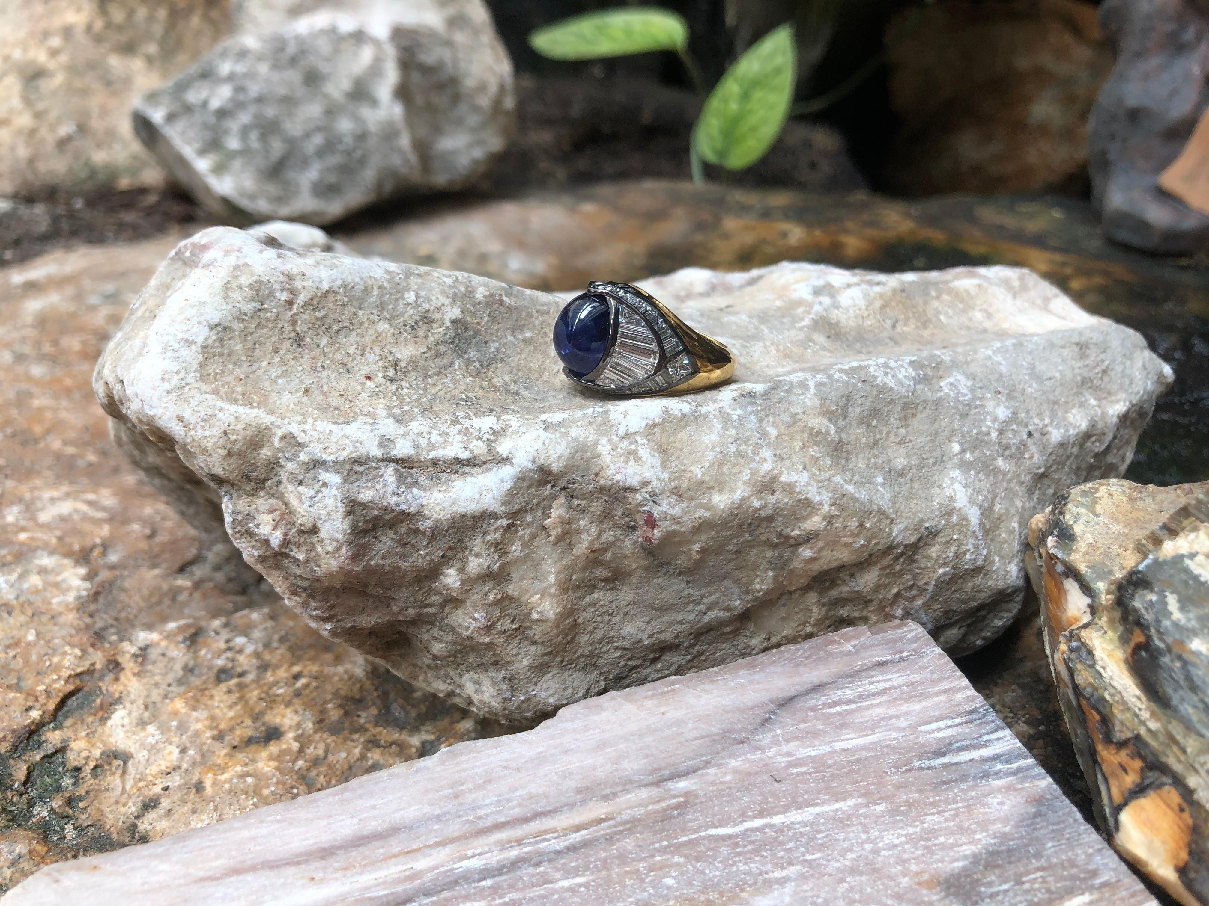 Cabochon Blue Sapphire with Diamond Ring Set in 18 Karat Gold Settings For Sale 6