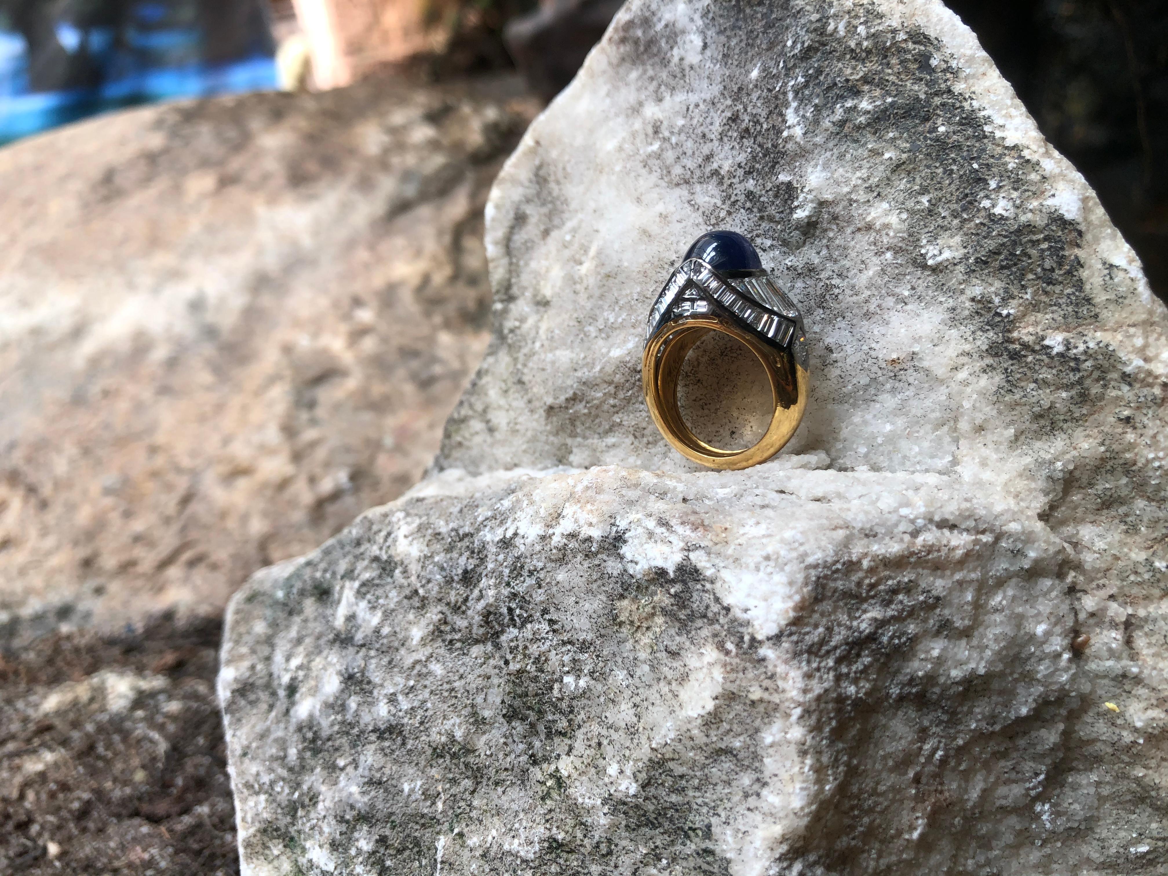Cabochon Blue Sapphire with Diamond Ring Set in 18 Karat Gold Settings For Sale 9