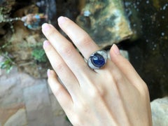 Cabochon Blue Sapphire with Diamond Ring Set in 18 Karat Gold Settings
