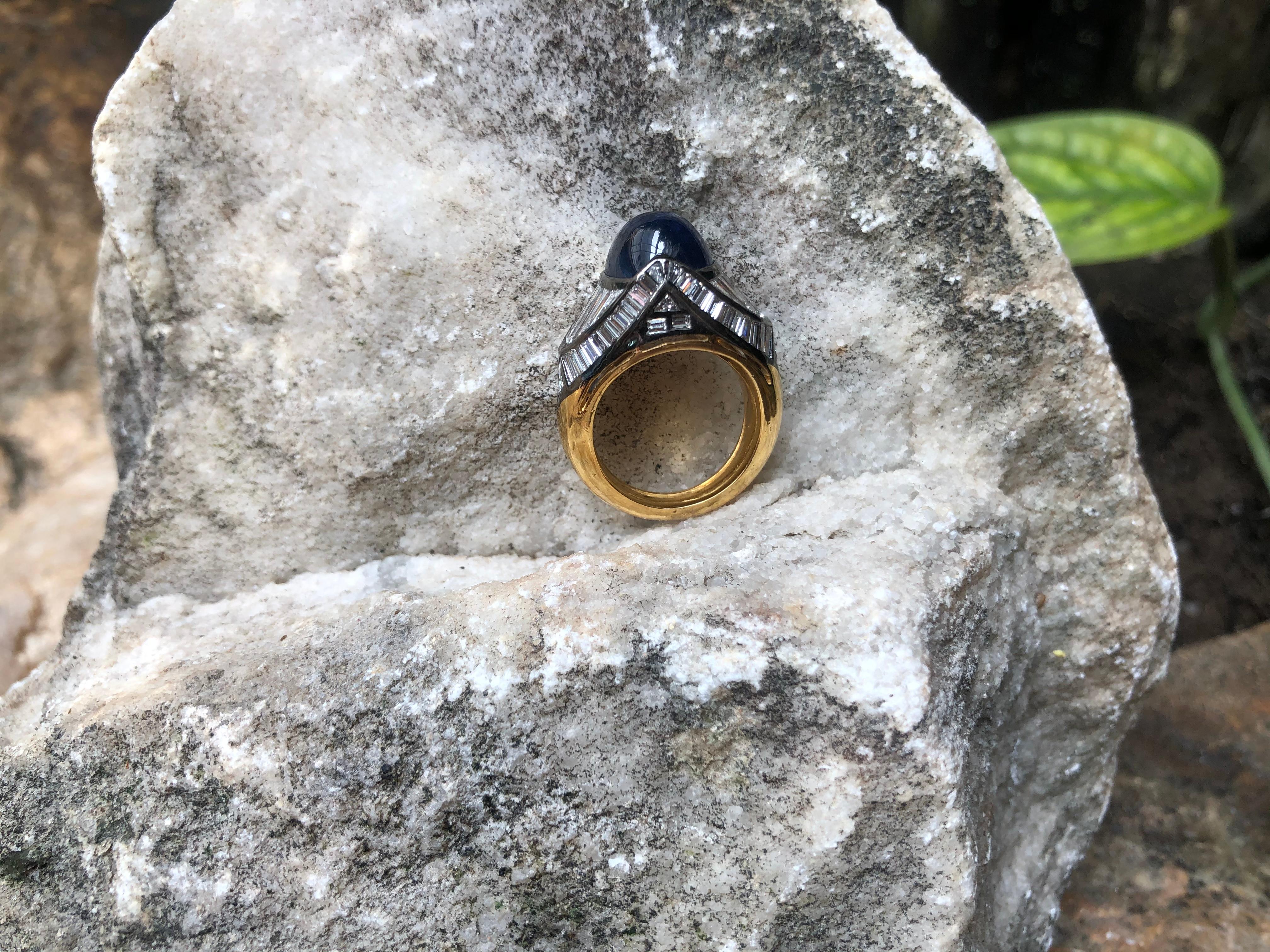 Cabochon Blue Sapphire with Diamond Ring Set in 18 Karat Gold Settings For Sale 2