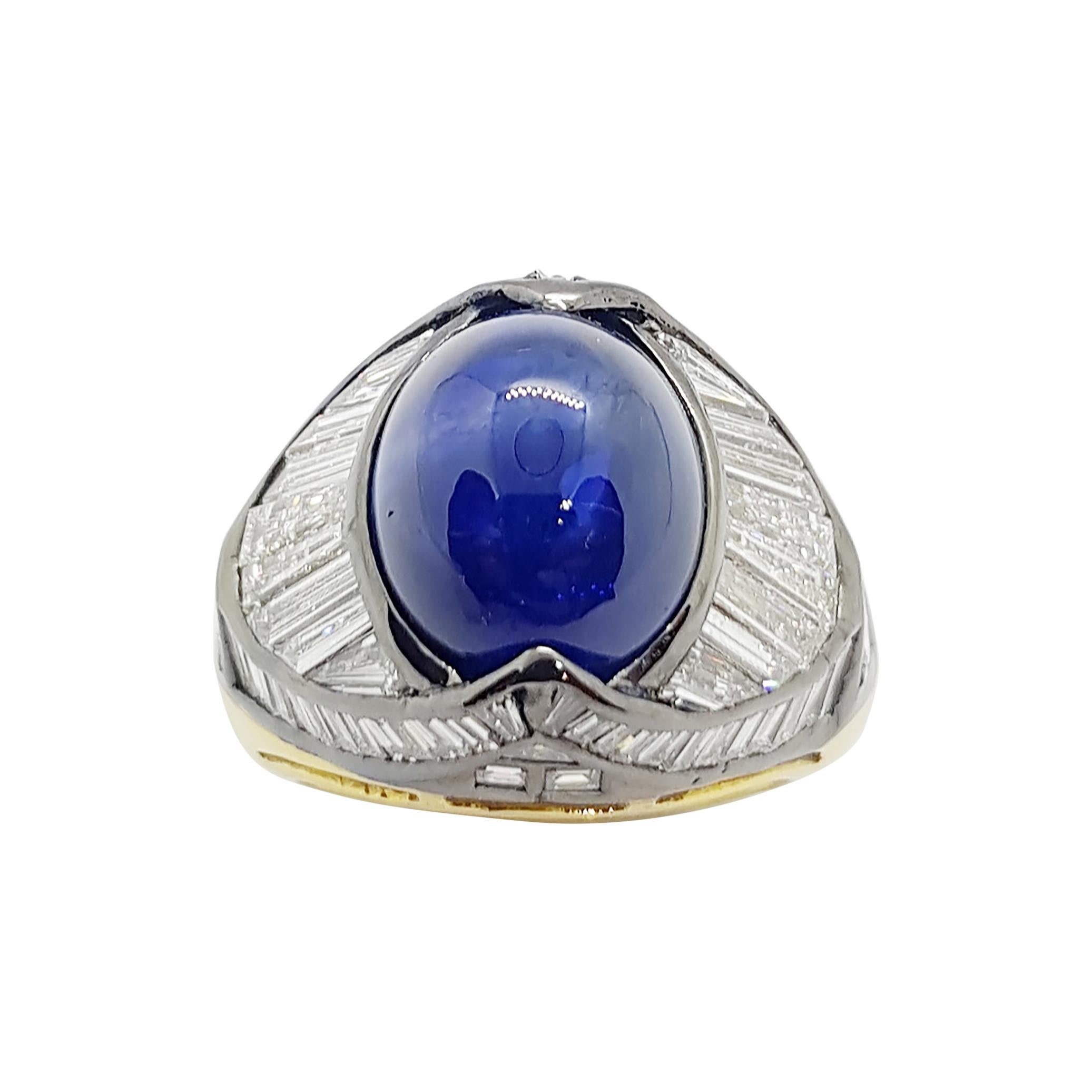 Cabochon Blue Sapphire with Diamond Ring Set in 18 Karat Gold Settings For Sale