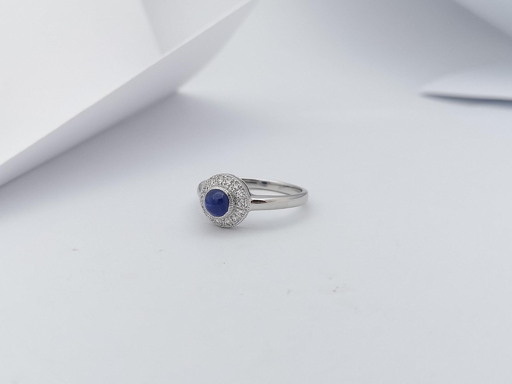 Cabochon Blue Sapphire with Diamond Ring Set in 18 Karat White Gold Settings For Sale 5
