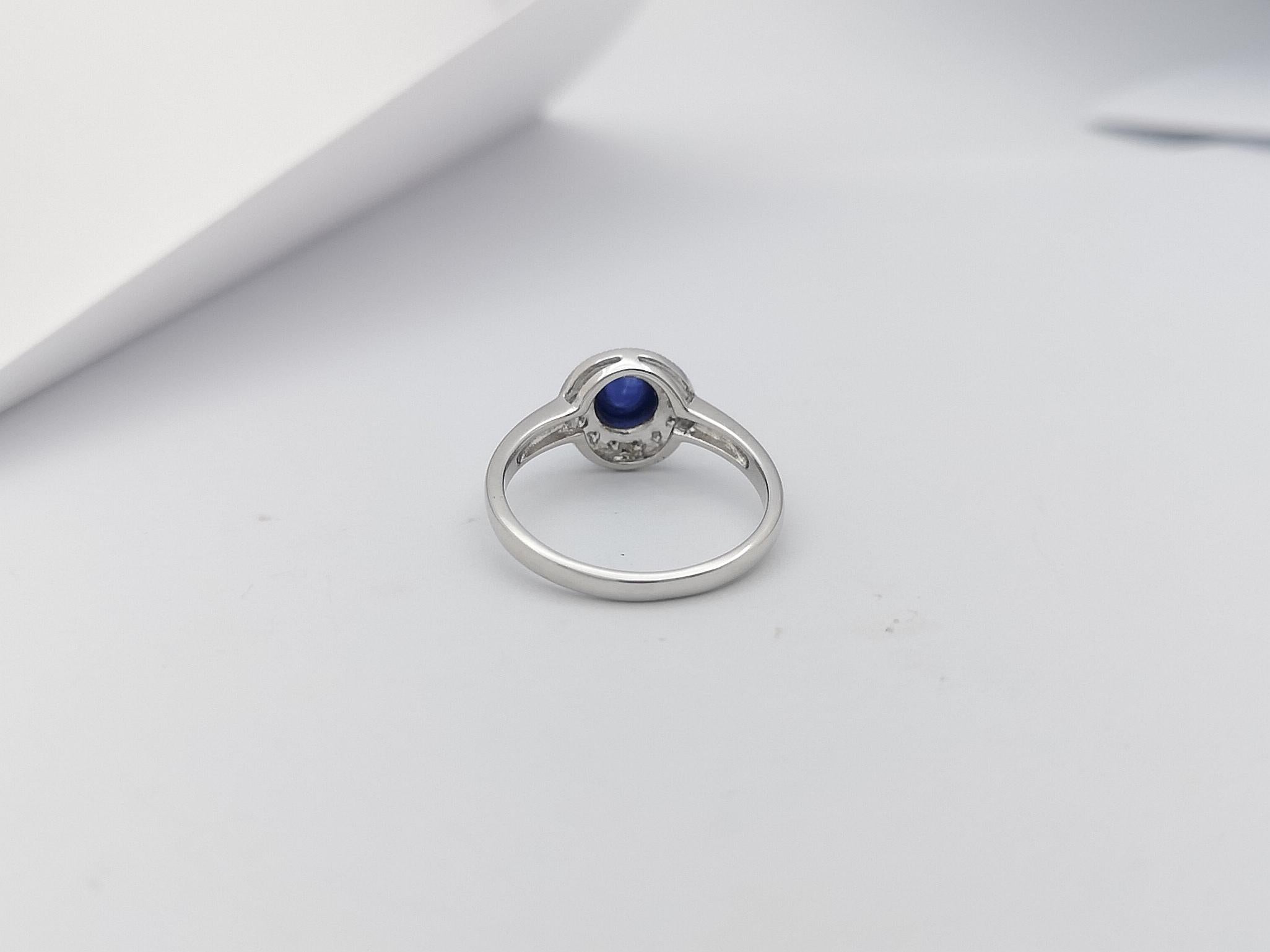 Cabochon Blue Sapphire with Diamond Ring Set in 18 Karat White Gold Settings For Sale 6