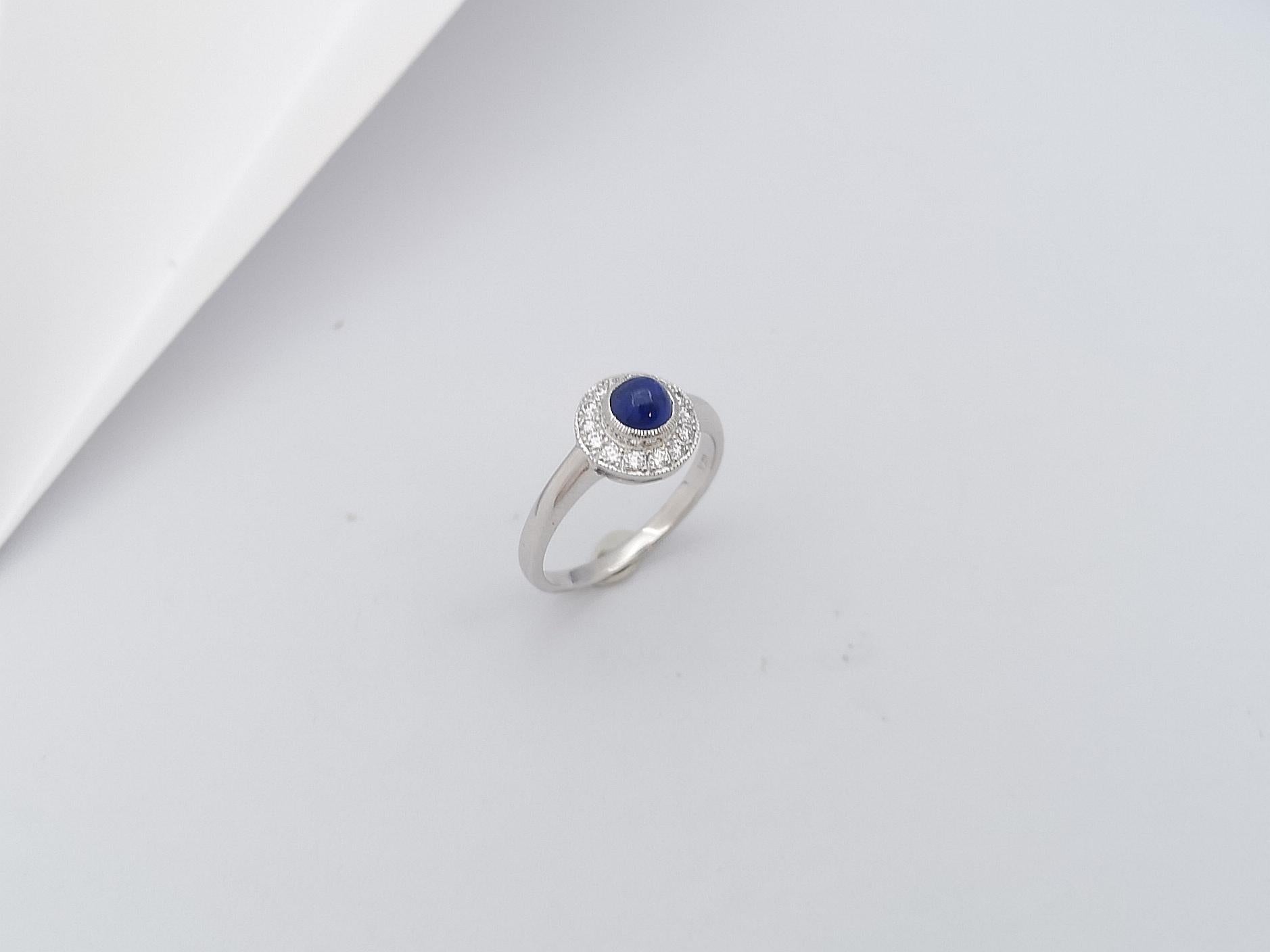 Cabochon Blue Sapphire with Diamond Ring Set in 18 Karat White Gold Settings For Sale 8